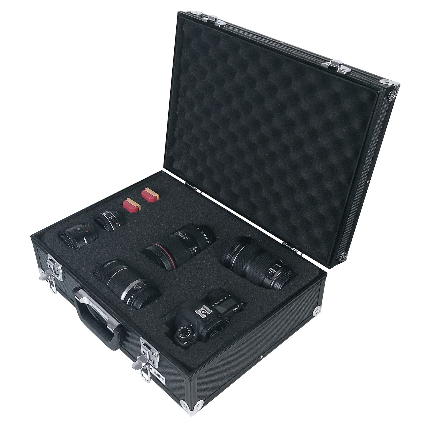 HMF Kameratasche abschließbarer Alu Fotokoffer, Transportkoffer mit Rasterschaumstoff, 46 x 33 x 15 cm, Schwarz