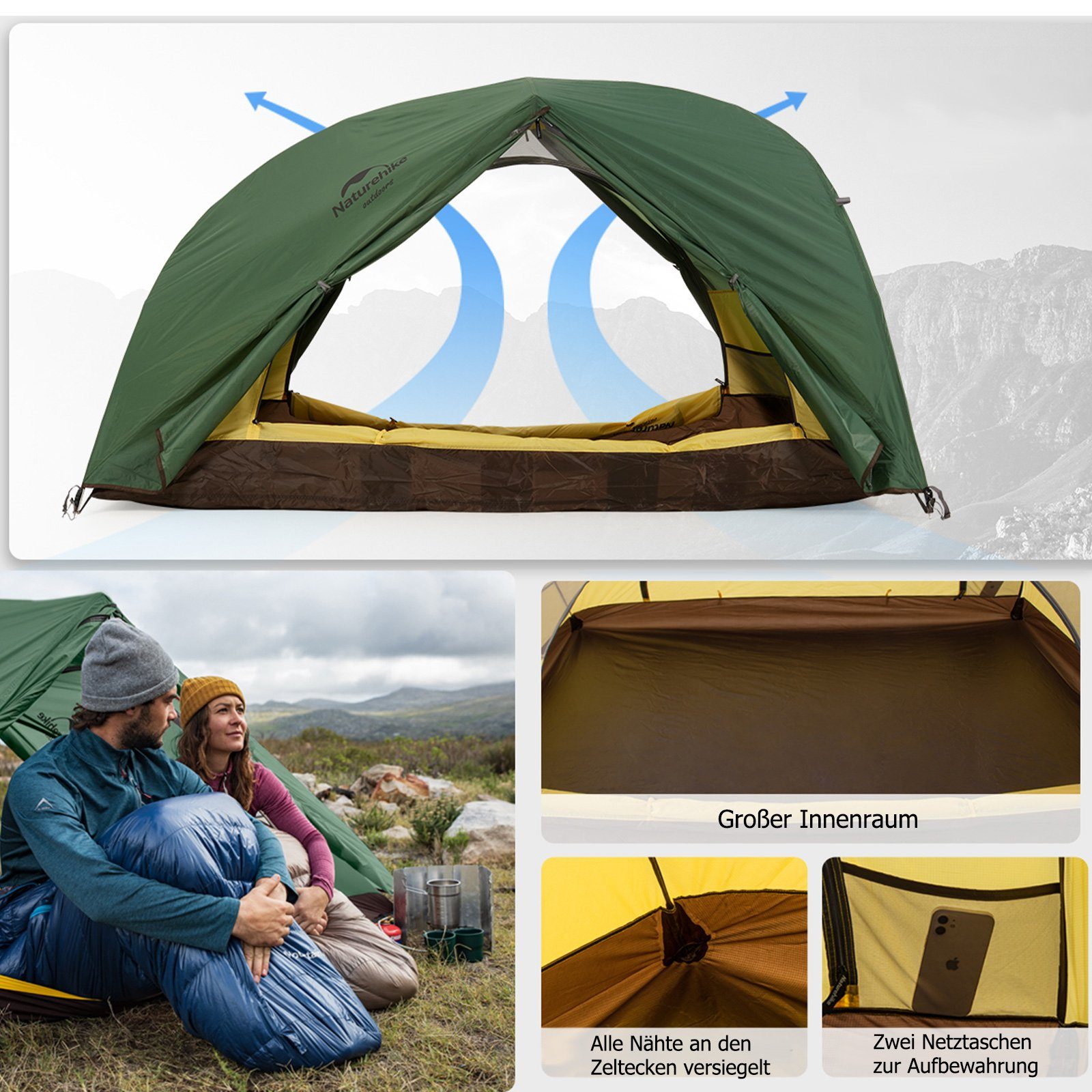 210 Naturehike Zelt Ultraleichtes Camping Waldgrün und Kuppelzelt Klettern, x 85 95 für Rucksackreisen x 2, Wasserdicht Personen: cm
