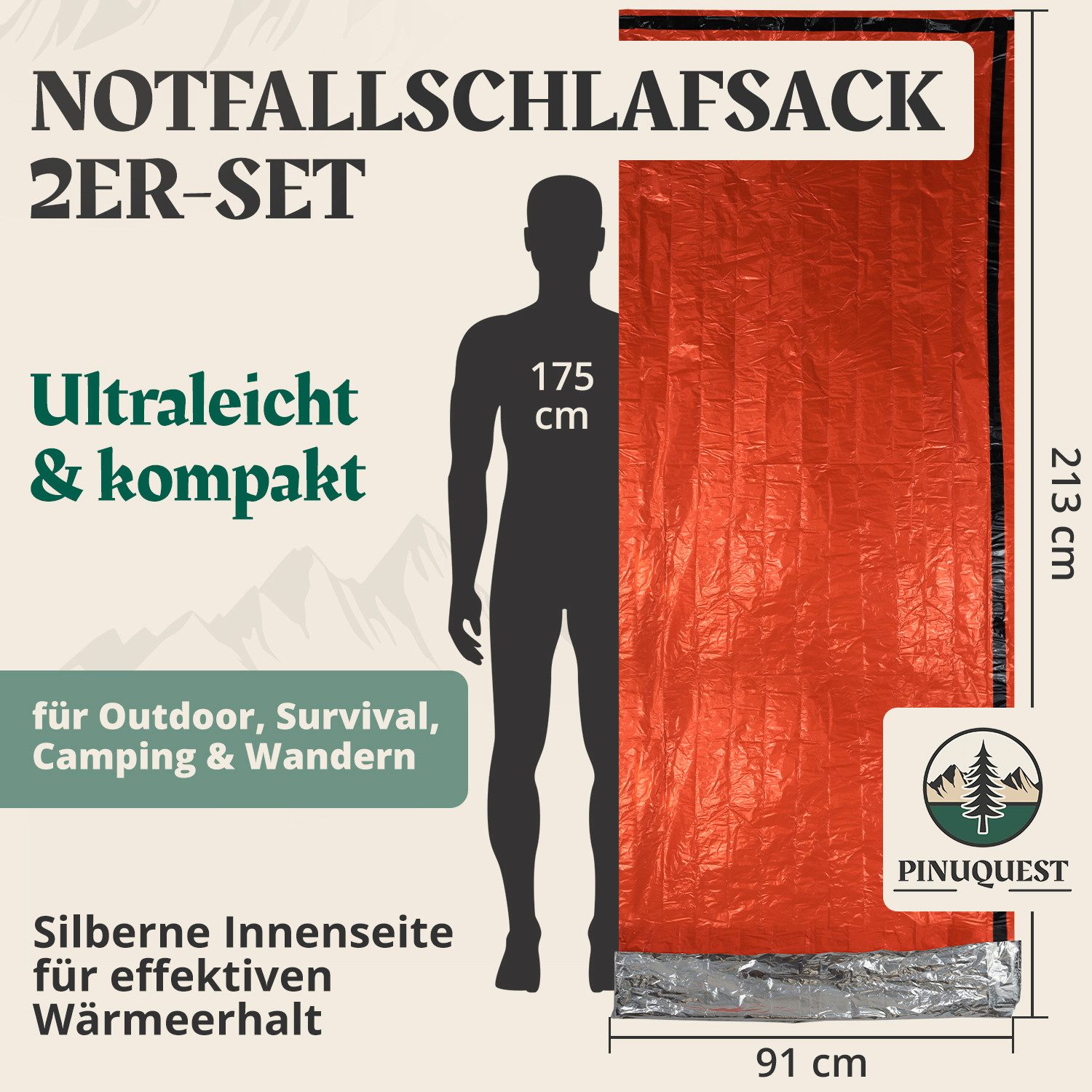 PINUQUEST Biwaksack Notfallschlafsack (2 tlg), Rettungsdecke Notfall-Biwaks günstig online kaufen