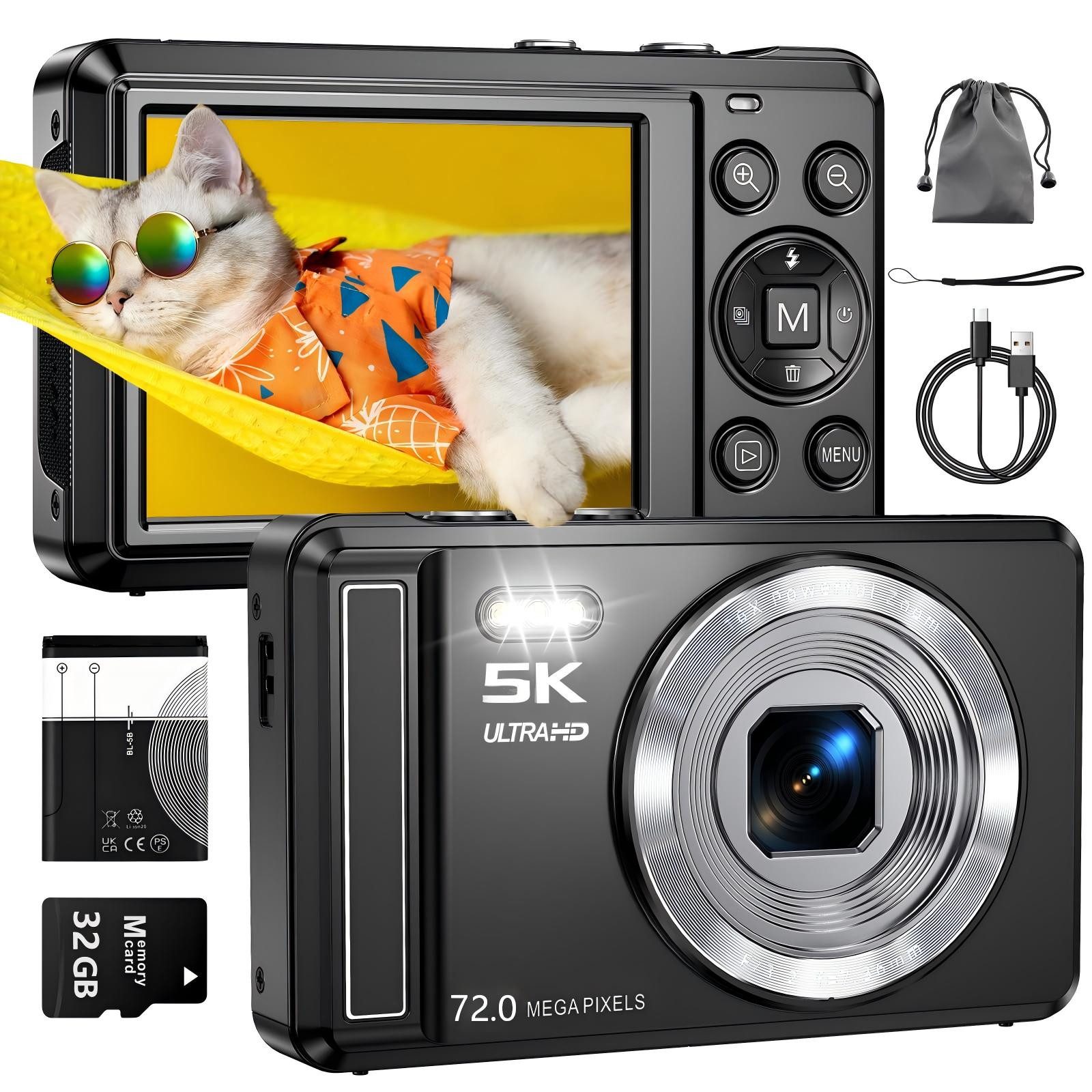 AIBISTAR Digitale Kinderkamera, 5K Kompaktkamera, 16x Zoom, mit 32GB, Kompaktkamera (72 Megapixel,2,8-Zoll-HD-Display,Tragbar – ideal für unterwegs)