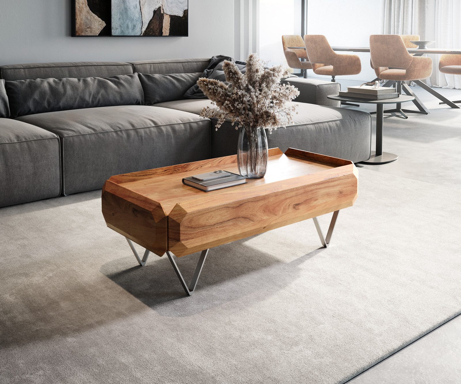 DELIFE Couchtisch Kiano, Akazie Natur 100x50 cm 2 Schübe V-Fuß Edelstahl