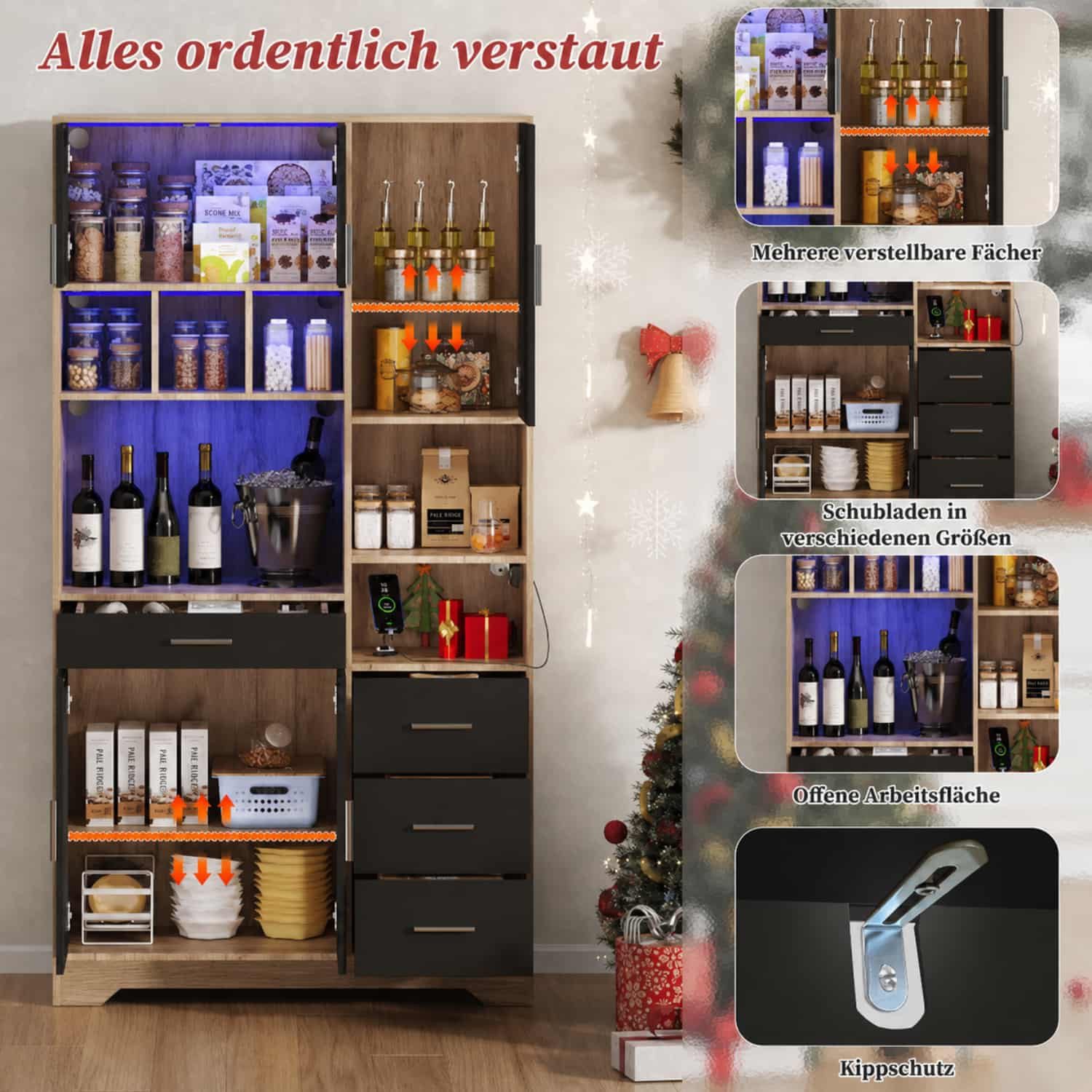 ANYSUN Küchenbuffet Aufbewahrungshochschrank mit LED, Steckdose & verstellbaren Böden (Mit Glastüren, 4 Schubladen & Kippschutz, 185 × 100 × 40 cm)