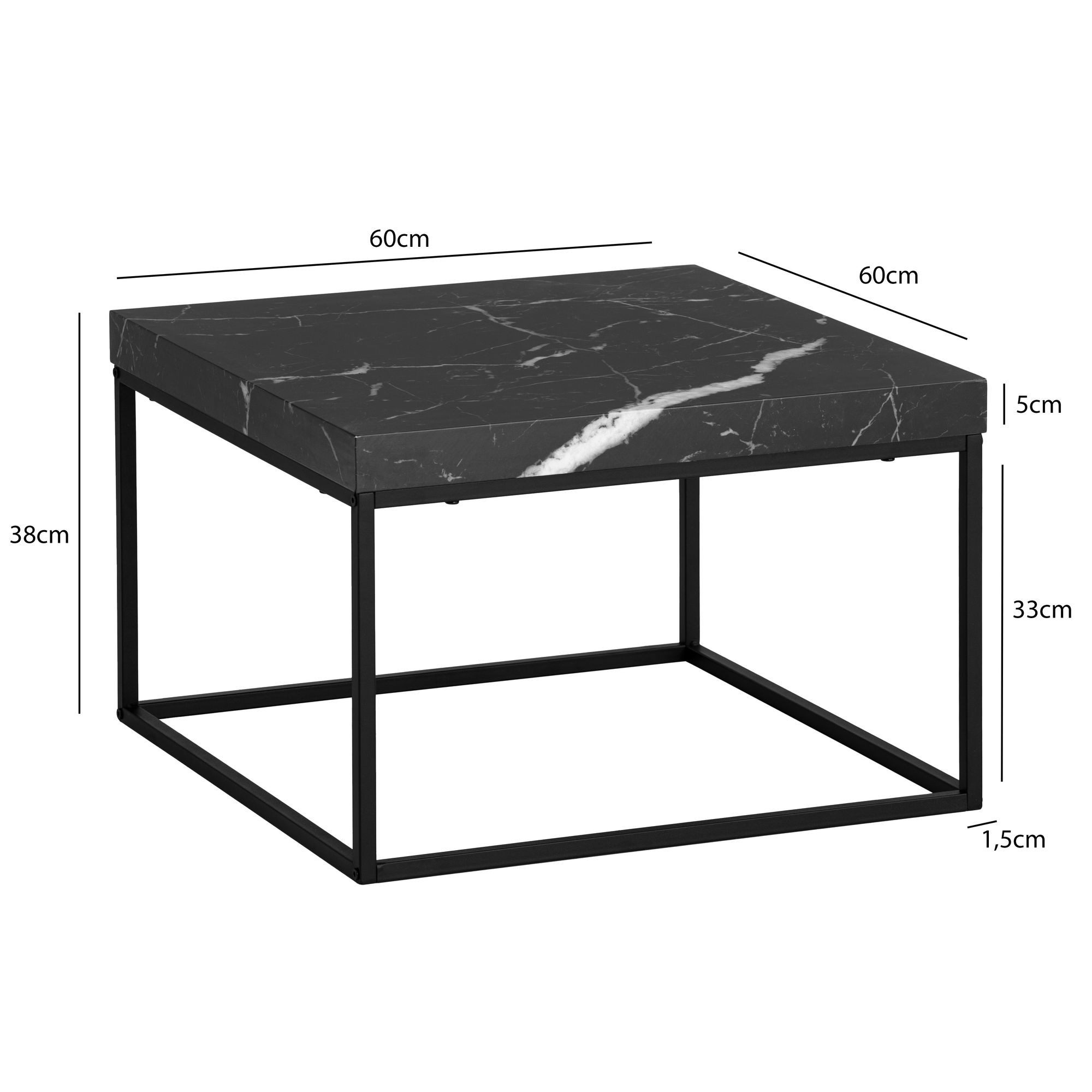 FINEBUY Couchtisch FB59781 Sofatisch 60 cm Wohnzimmertisch Klein Kaffeetisch Modern (Sofatisch Schwarz Modern, Kaffeetisch Quadratisch), 60 cm MDF, Wohnzimmertisch Marmor Optik Klein