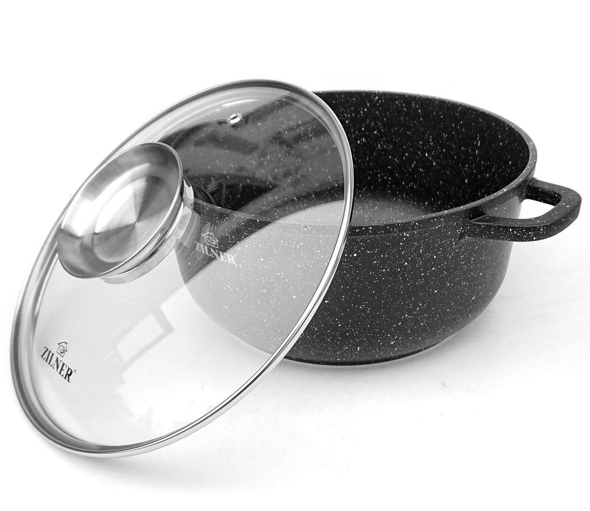 Zilner Topf-Set Schwarze Töpfe in verschiedenen Größen mit Pfannen Steinbeschichtung, Aluminiumguss, Aluminium, Keramik, Edelstahl (1.3L / 2.3L / 3.4L / 4.5L / 6.8L, 12-tlg., Es ist eine perfekte Geschenkidee für jeden Anlass. Bestseller-Topfset), Innovative Aroma Knob-Griffe