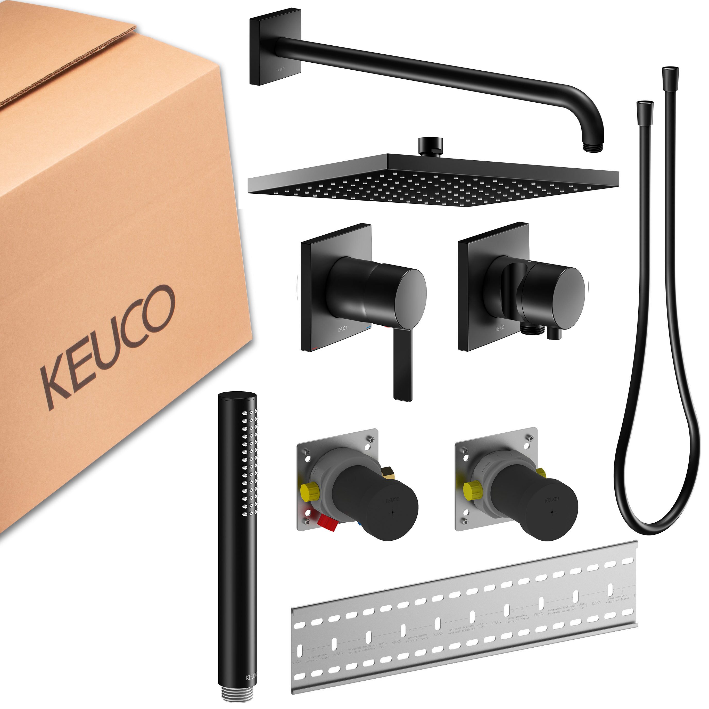 Keuco Duschsystem IXMO, Höhe 38.00 cm, Set, mit Unterputz-Grundkörper & Umstellventil, eckige Rosetten, schwarz
