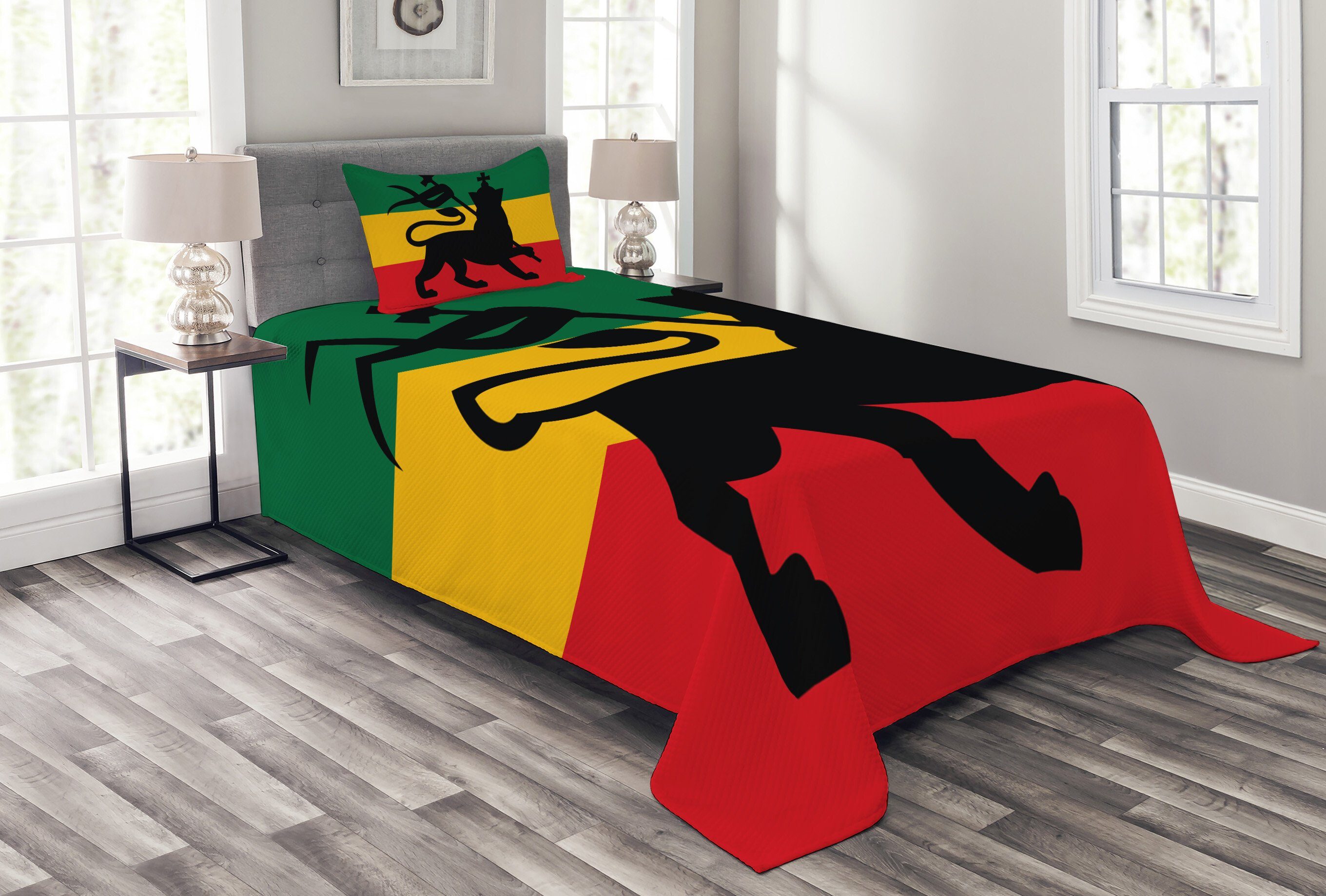 Tagesdecke Set mit Kissenbezügen Waschbar, Abakuhaus, Rasta Judah Lion Reggae Flagge