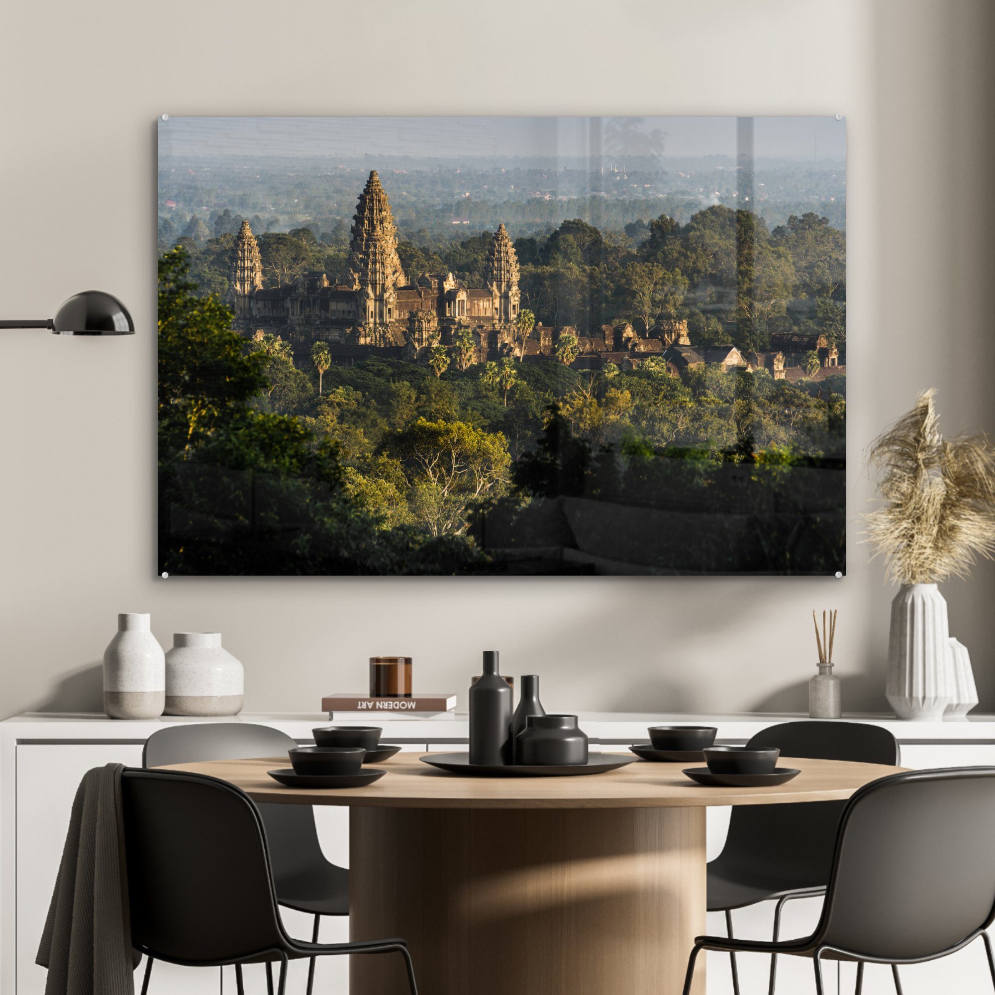 Schlafzimmer Wohnzimmer Wat Acrylglasbilder Bäumen, St), (1 den MuchoWow & zwischen Angkor Acrylglasbild