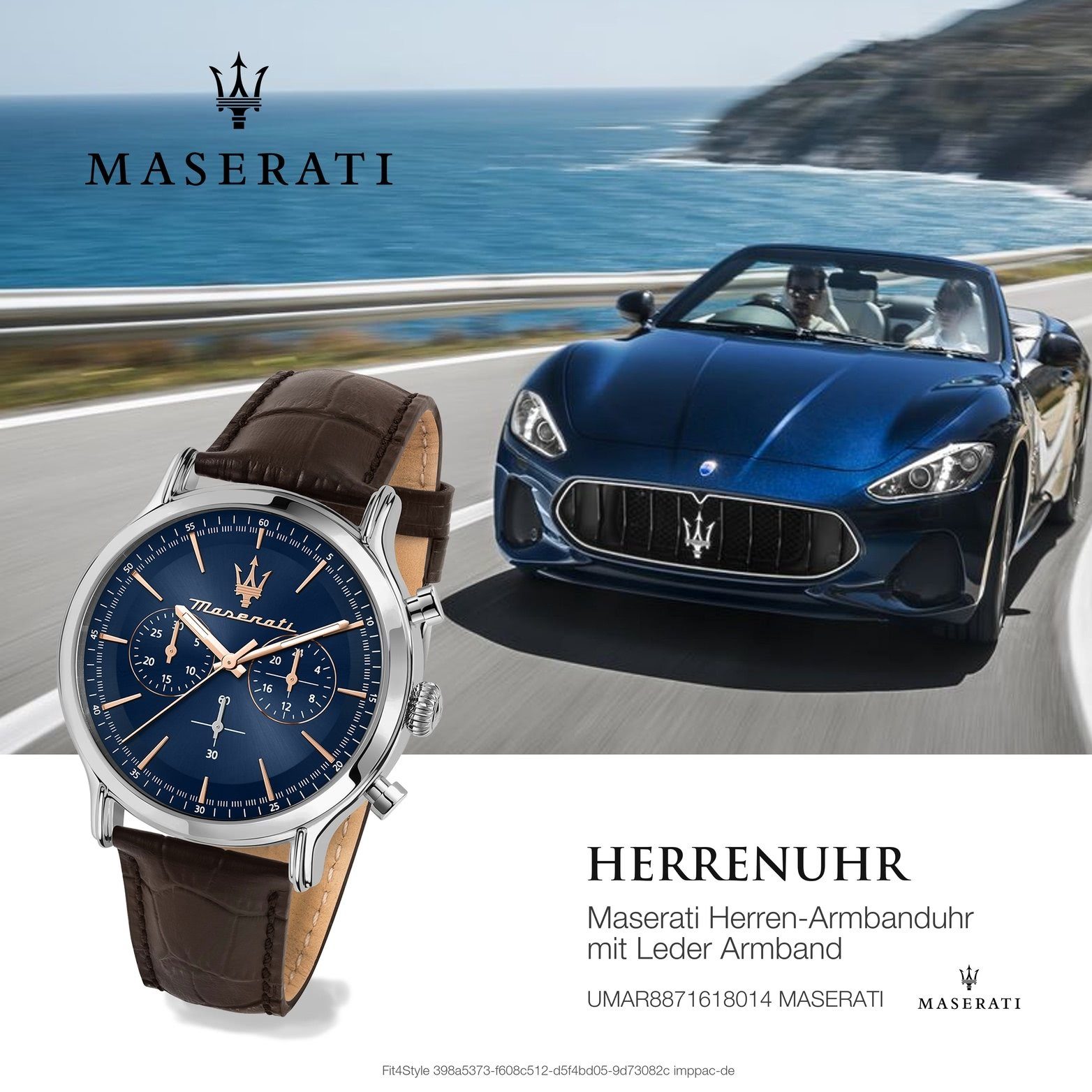 Gehäuse, Lederarmband, 42mm) Chronograph Maserati rundes groß Leder blau (ca. Armband-Uhr, MASERATI Herrenuhr