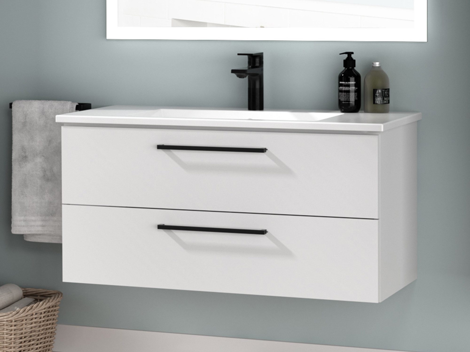 Aqua Bagno Badmöbel-Set Badschrank mit Waschbecken weiß lackiert - hängend 100cm, (Badmöbel-Set, 1-St., aus 2 Teilen (Unterschrank mit Möbelwaschtisch), Zwei Vollauszugschubladen mit Softclose Funktion