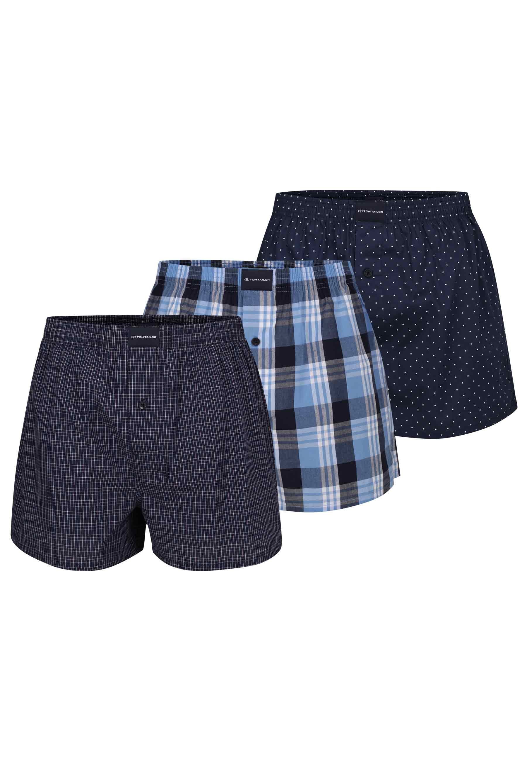 TOM TAILOR Boxershorts TOM TAILOR Herren Boxershort blau kariert 3er Pack (3-St) blau-dunkel-Punkte