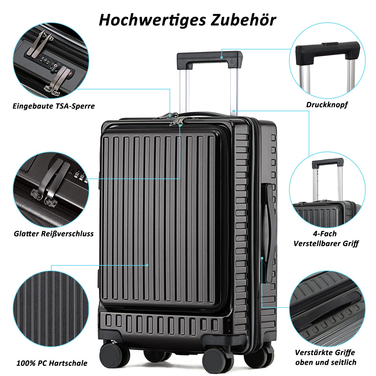 TAN.TOMI Business-Trolley Handgepäck mit Laptopfach & TSA-Schloss, 20”, Business Trolly, 4 Rollen, Reisekoffer Handgepäck Koffer, 55 cm, 36 L, Schwarz/Dunkelgrau