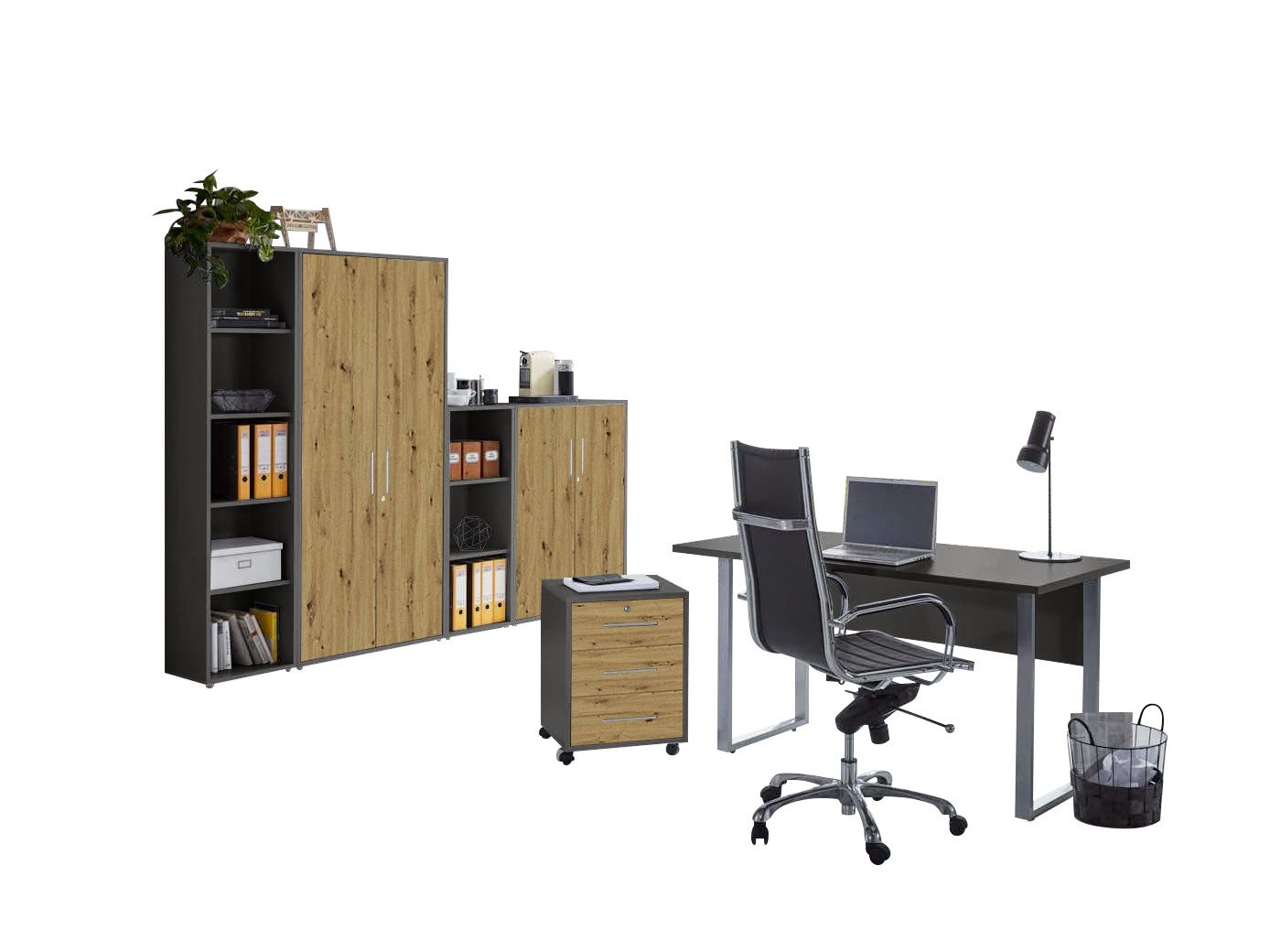 BMG Möbel Büromöbel-Set Office Edition Mini Set 4, (Spar-Set, 6-tlg., besteht aus: Schreibtisch,Rollcontainer,2x Aktenregal,2x Aktenschrank), Büromöbel komplett Set ideal für Homeoffice geeignet, Made in Germany
