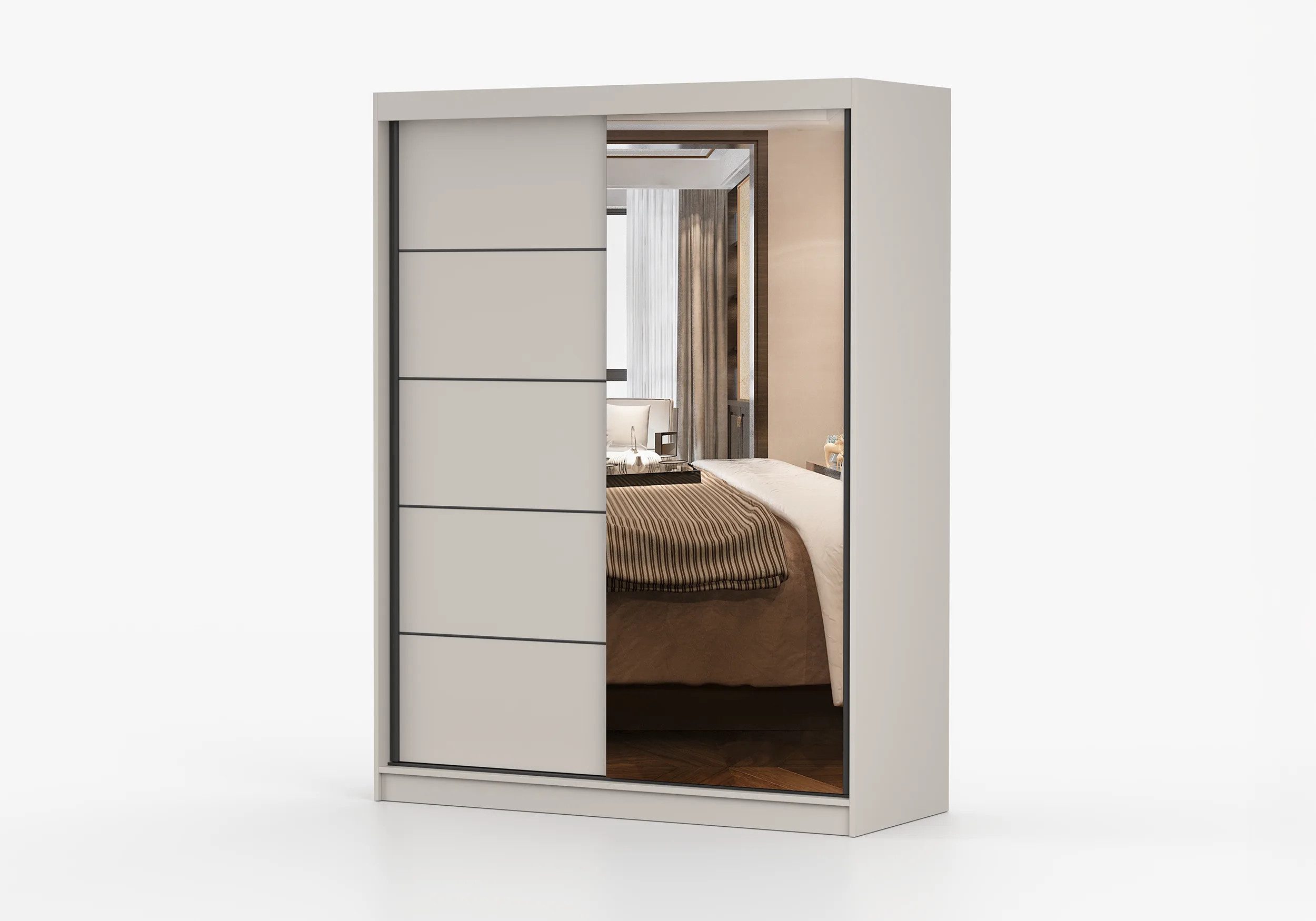 MOEBLO Kleiderschrank LARA 05 Kaschmir (Kleiderschrank Kaschmir mit Spiegel & schwarzen Sprossen, Schiebetüren, Schwebetürenschrank 2-türig Schrank mit vielen E – Bild 4 von 5