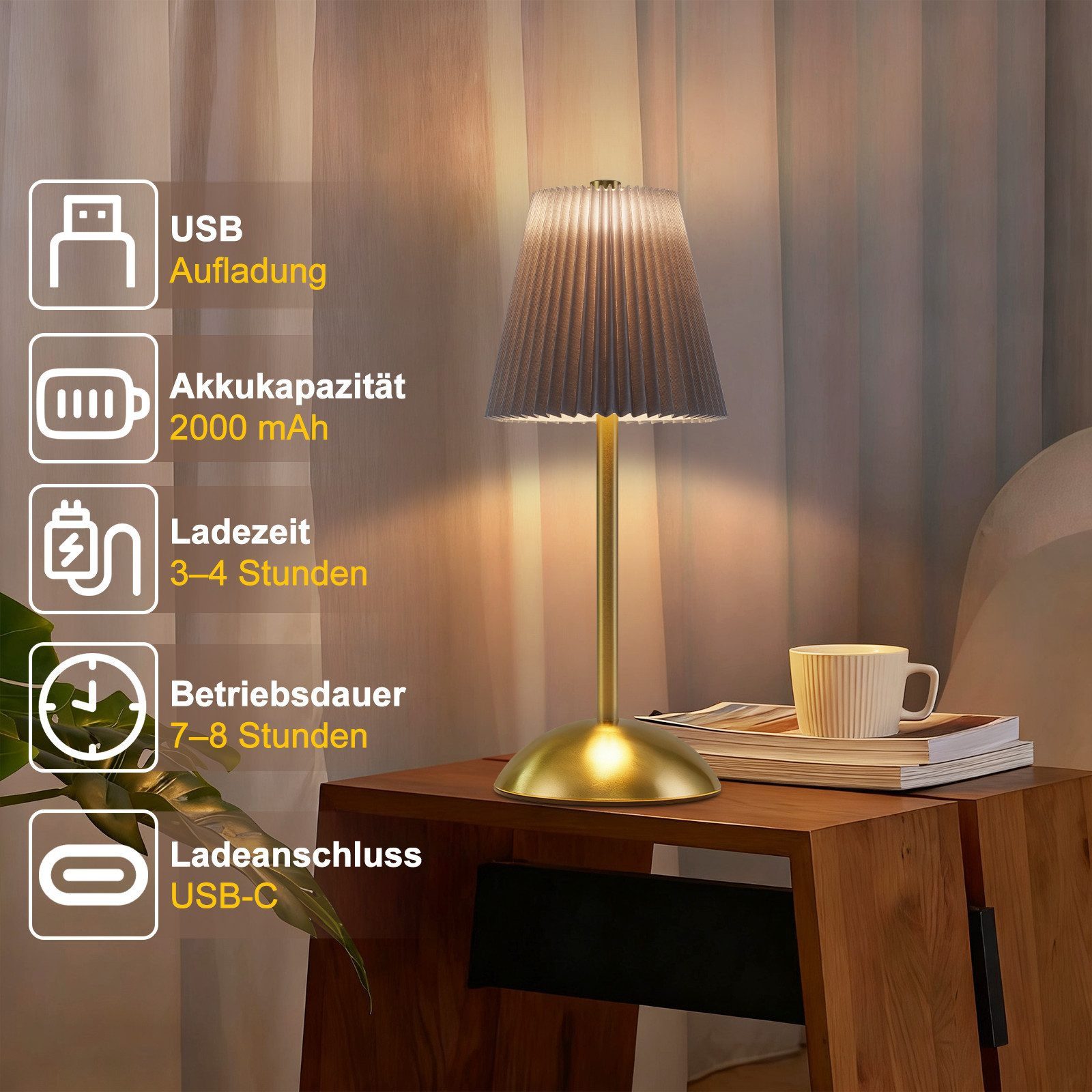 ZMH LED Tischleuchte 2er-Set, Akku Nachttischlampe kabellos, 3 Farbtemperaturen, LED fest integriert, 3000-6500K, Touch dimmbar, USB-C