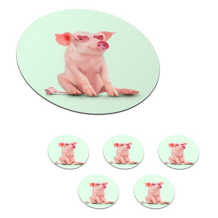 MuchoWow Glasuntersetzer Schwein - Rosa - Brille - Sockel - Tiere Zubehör für Gläser 6-tlg. Getränkeuntersetzer Tassenuntersetzer Korkuntersetzer Tasse Becher