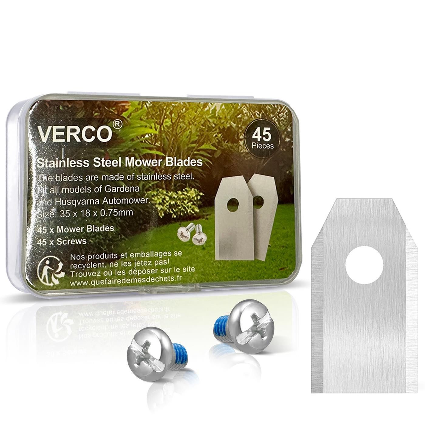 VERCO Mährobotermesser für Gardena und Husqvarna Mähmesser (inkl. Schrauben, 45 Stück), Edelstahl Messer Ersatz Klingen Set rostfrei silberfarben