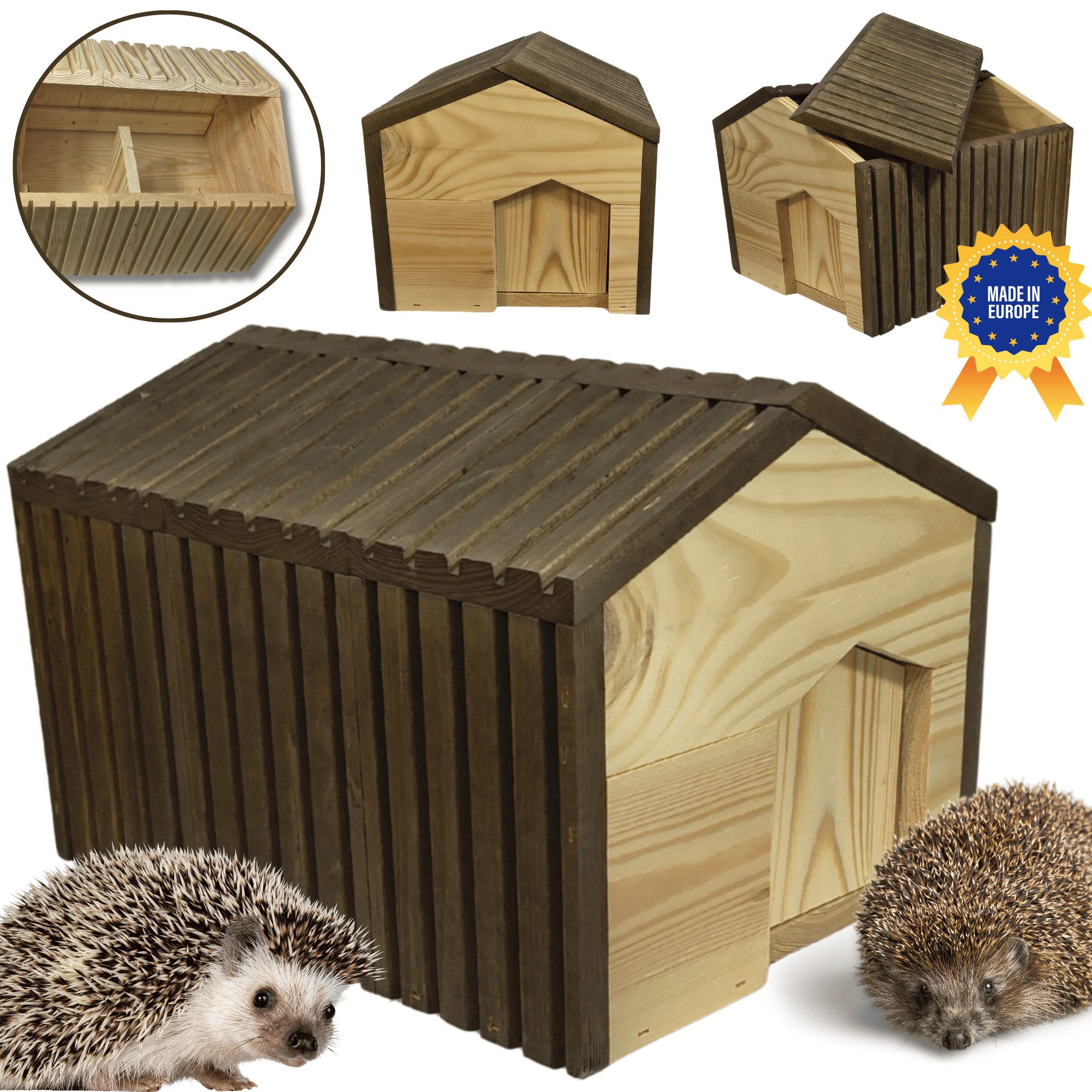 Modo24 Igelhaus mit Boden XXL Winterfest Igelhütte Labyrintheingang, 25x36x27 cm Bausatz Igelfutterhaus Winterschlaf & Nisthaus FSC Holz