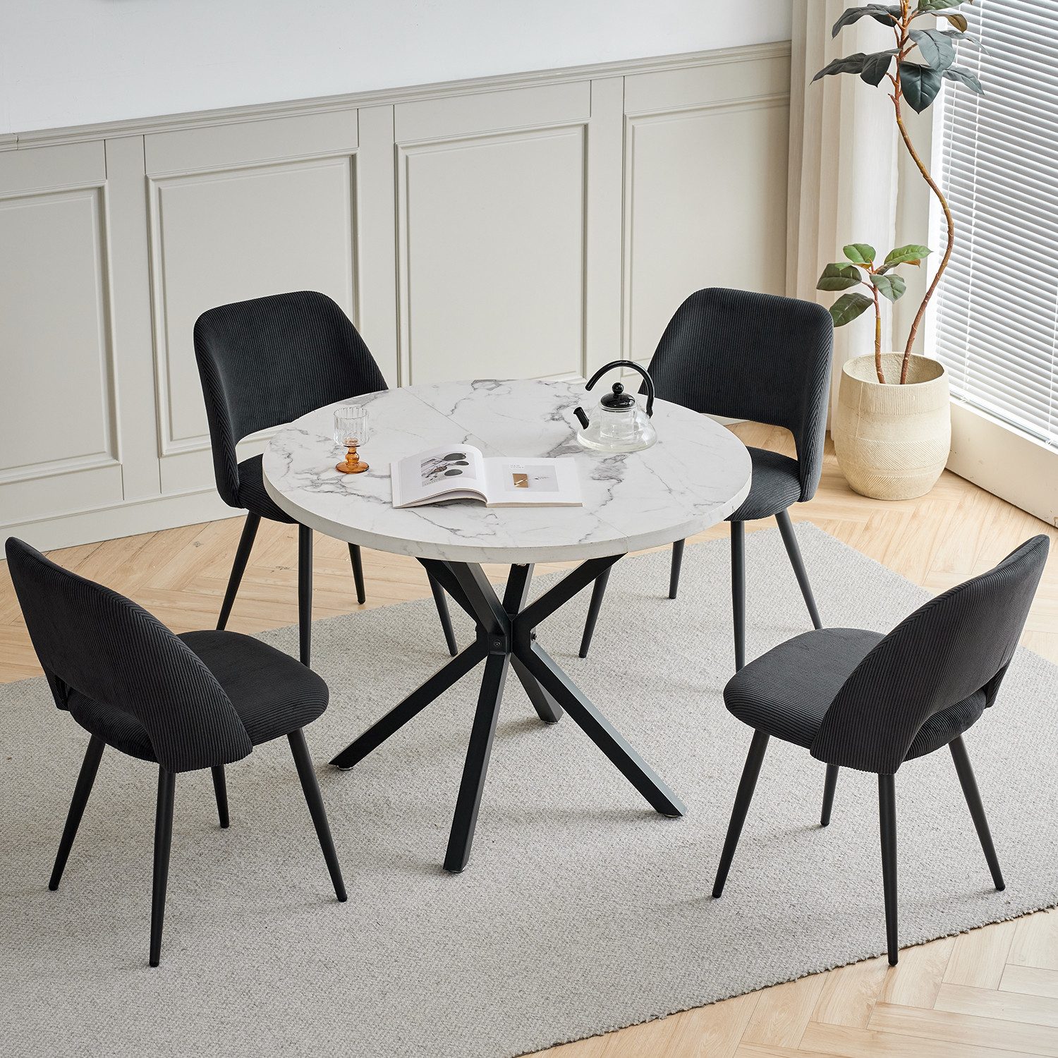 GrandCA HOME Esszimmerstuhl 4er Set Esszimmerstühle, Cord-Stoff Polsterung (4 St), mit schwarzen Metallbeinen, schwarz/beige/grau