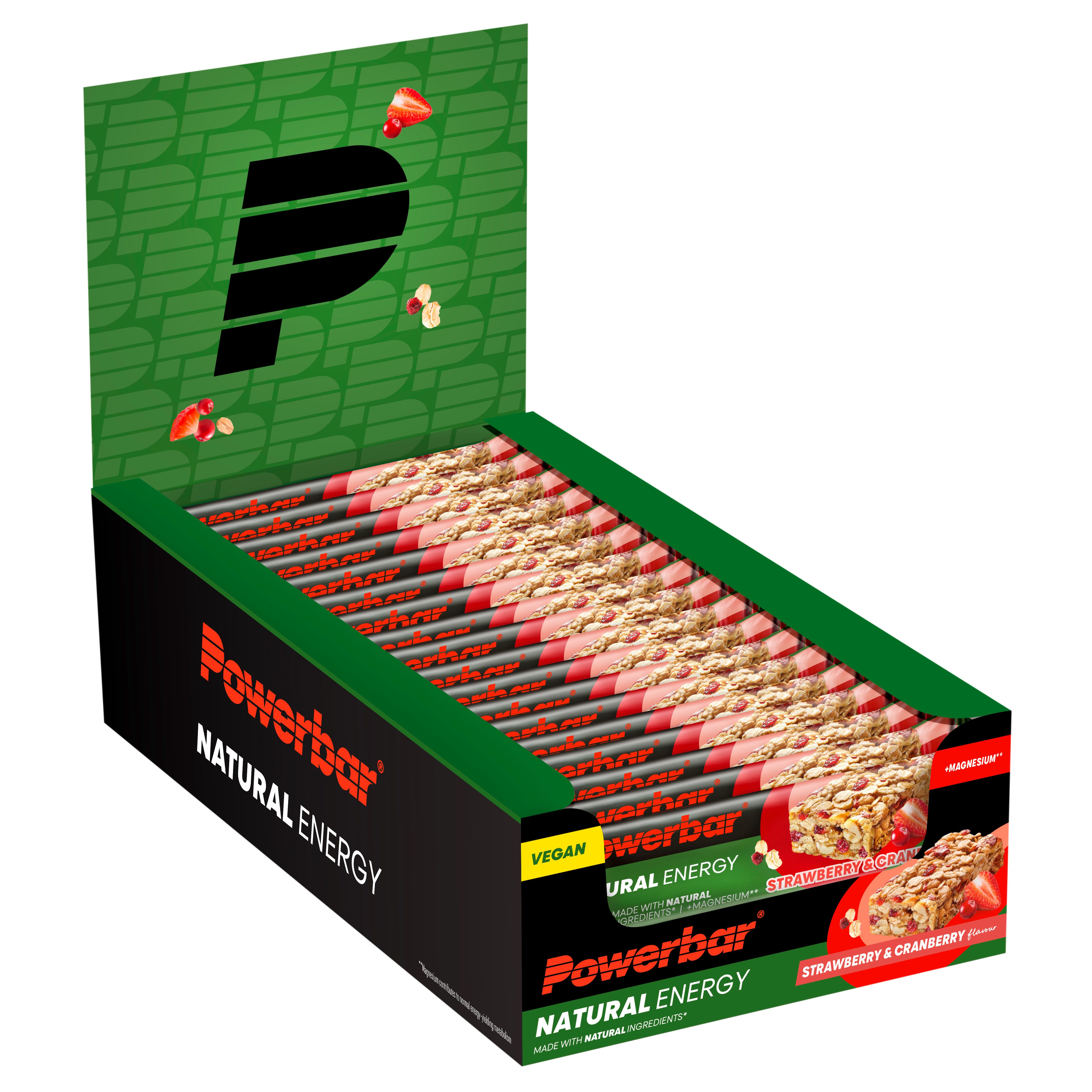 PowerBar Natural Energy Strawberry Cranberry 18x40g veganer Kohlenhydrat Riegel Riegel, 18 er Display à 18 St., Vegan und bis zu 25g Kohlenhydrate pro Riegel