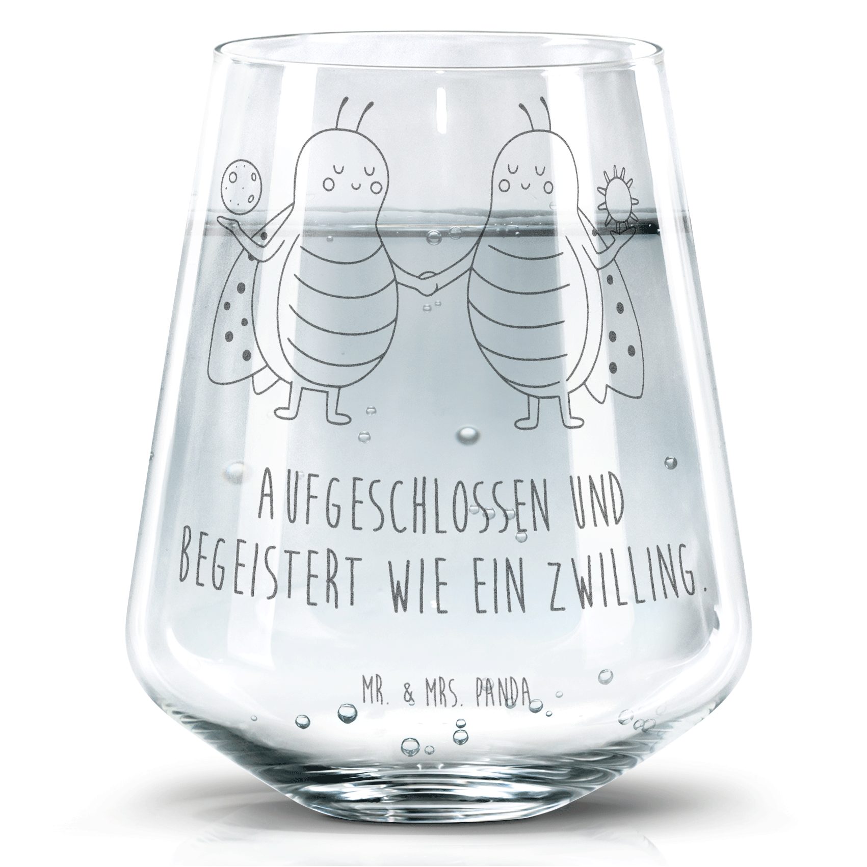 Mr. & Mrs. Panda Glas Sternzeichen Zwilling, Trinkglas, Transparent, Trinkglas Set, Marienk, 1-tlg., Premium Glas