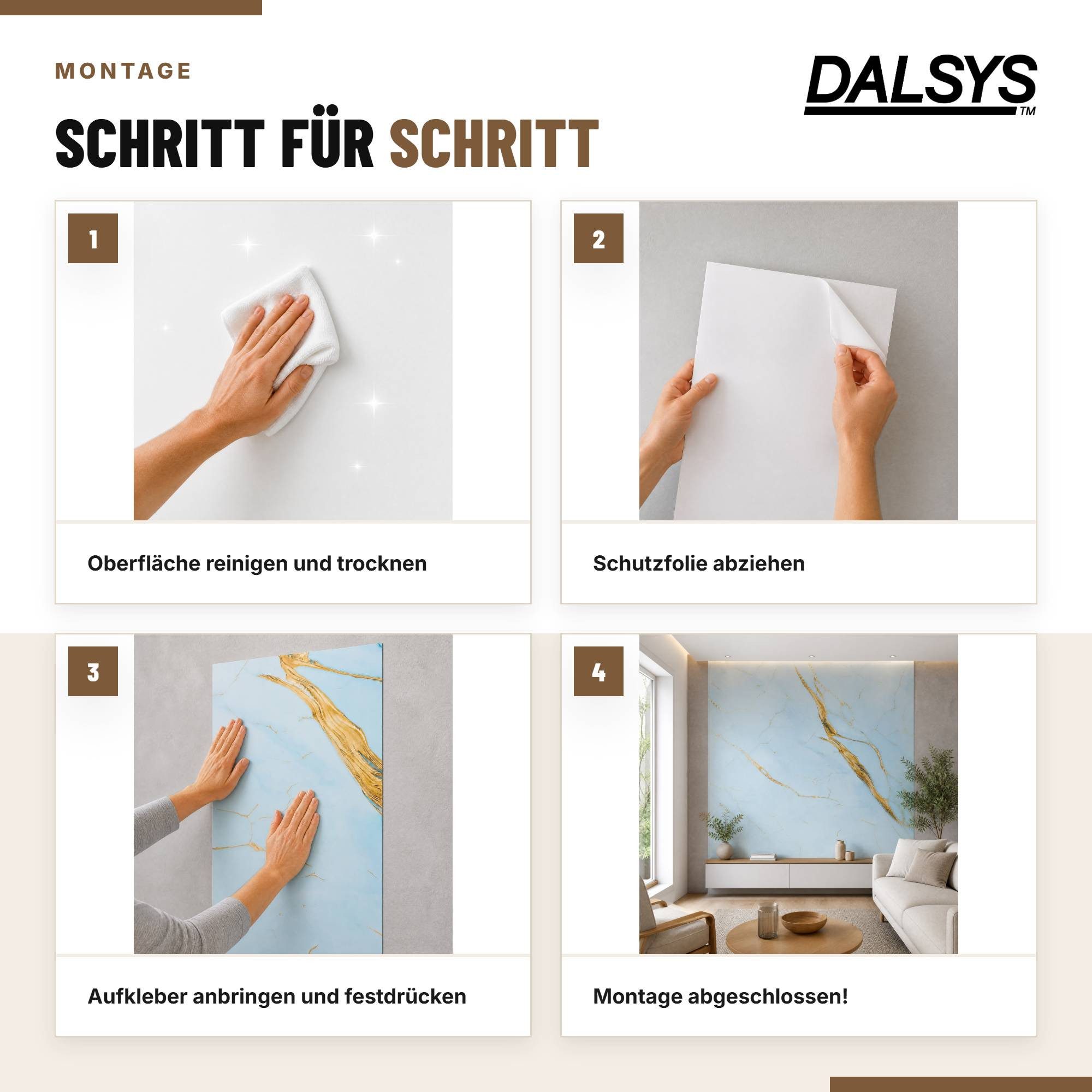 Dalsys Wandpaneel Wandverkleidung selbstklebend aus PVC, BxL: 30x60 cm, (60x30cm Marmoroptik Elfenbein, 10-tlg., flexible Wandverkleidung Badezimmer wasserfest) – Bild 4 von 5