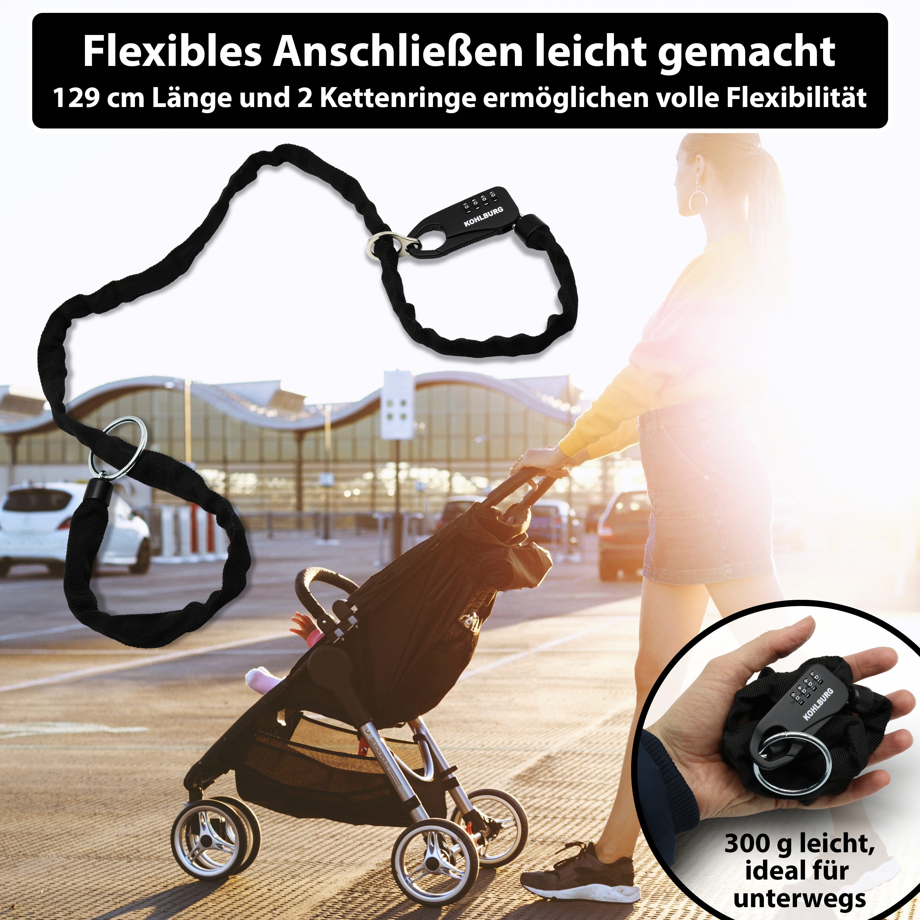 KOHLBURG Zahlenkettenschloss Sicheres Taschenschloss aus Kette & Zahlencode 129cm lang, Robuste Sicherheit für Kinderwagen, Ski, Motorradhelm, Koffer, & mehr