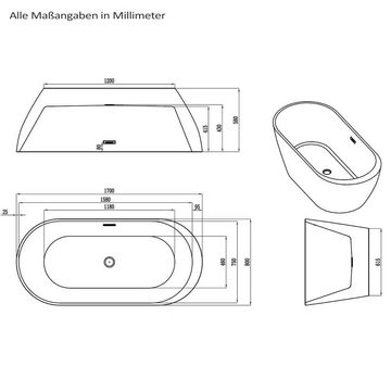 HOME DELUXE Badewanne Freistehende Badewanne CODO, (1-tlg), 170 x 80 x 58 cm - Füllmenge: 204 Liter I Freistehende Badewanne Spa