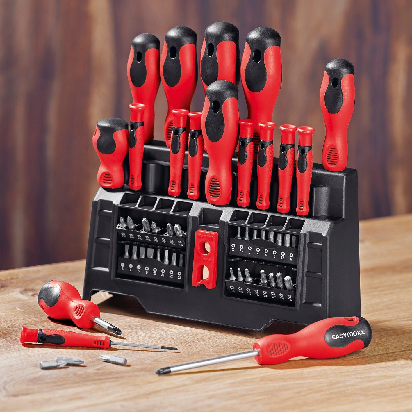 EASYmaxx Schraubendreher inkl. Bitsatz-Set mit Ständer 50-tlg. rot/schwarz, (50 St), magnetisch & ergonomisch