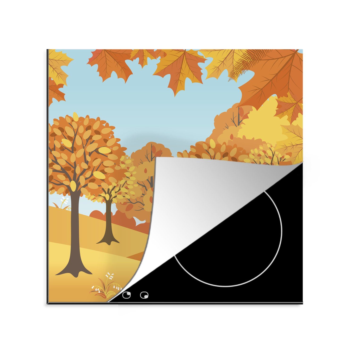 MuchoWow Herdblende-/Abdeckplatte Eine Illustration von Herbstbäumen, Vinyl, (1 tlg), 78x78 cm, Ceranfeldabdeckung, Arbeitsplatte für küche