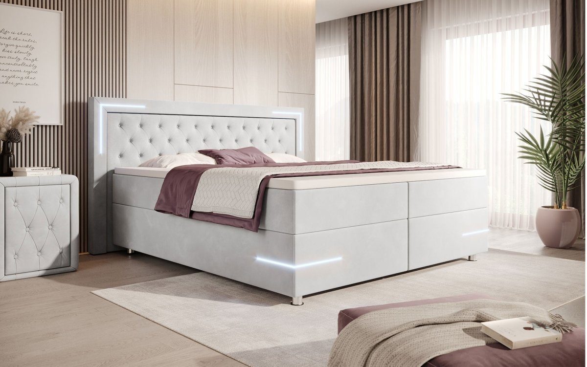 Luxusbetten24 Boxspringbett Carlotta, mit LED, Stauraum, USB-Anschluss und Samtbezug