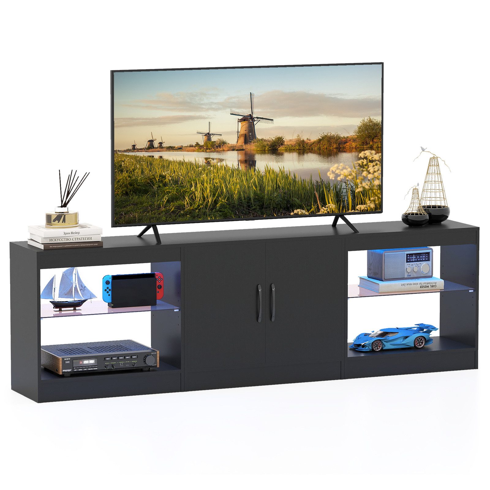 COSTWAY TV-Schrank mit LED & verstellbaren Glasregalen, Fernsehtisch 195 cm