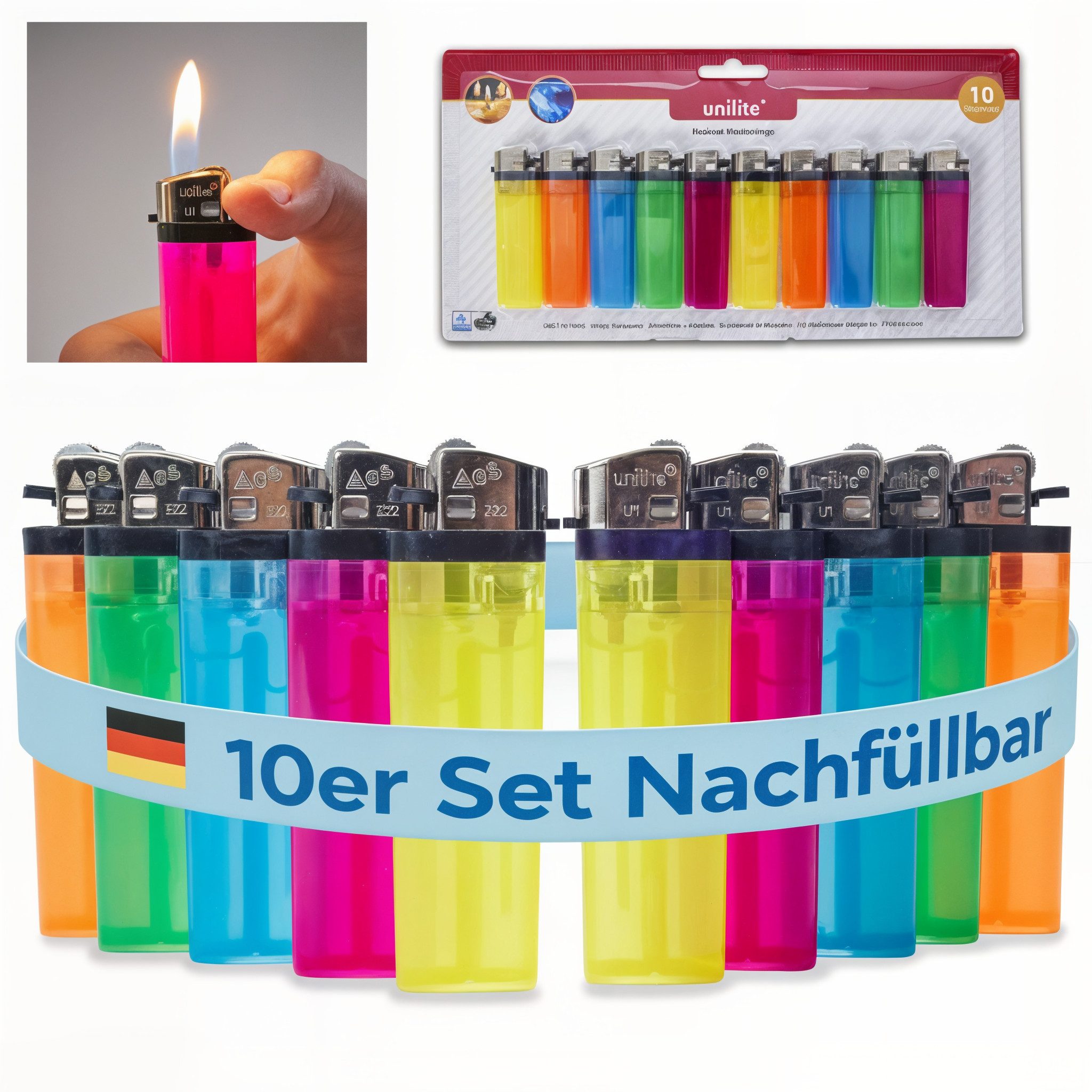 Unilite Feuerzeuge Reibrad 10er Set, befüllt in 5 Farben (10-St), Gasfeuerzeug, Einwegfeuerzeug, Feuerzeug, Mini Lighter
