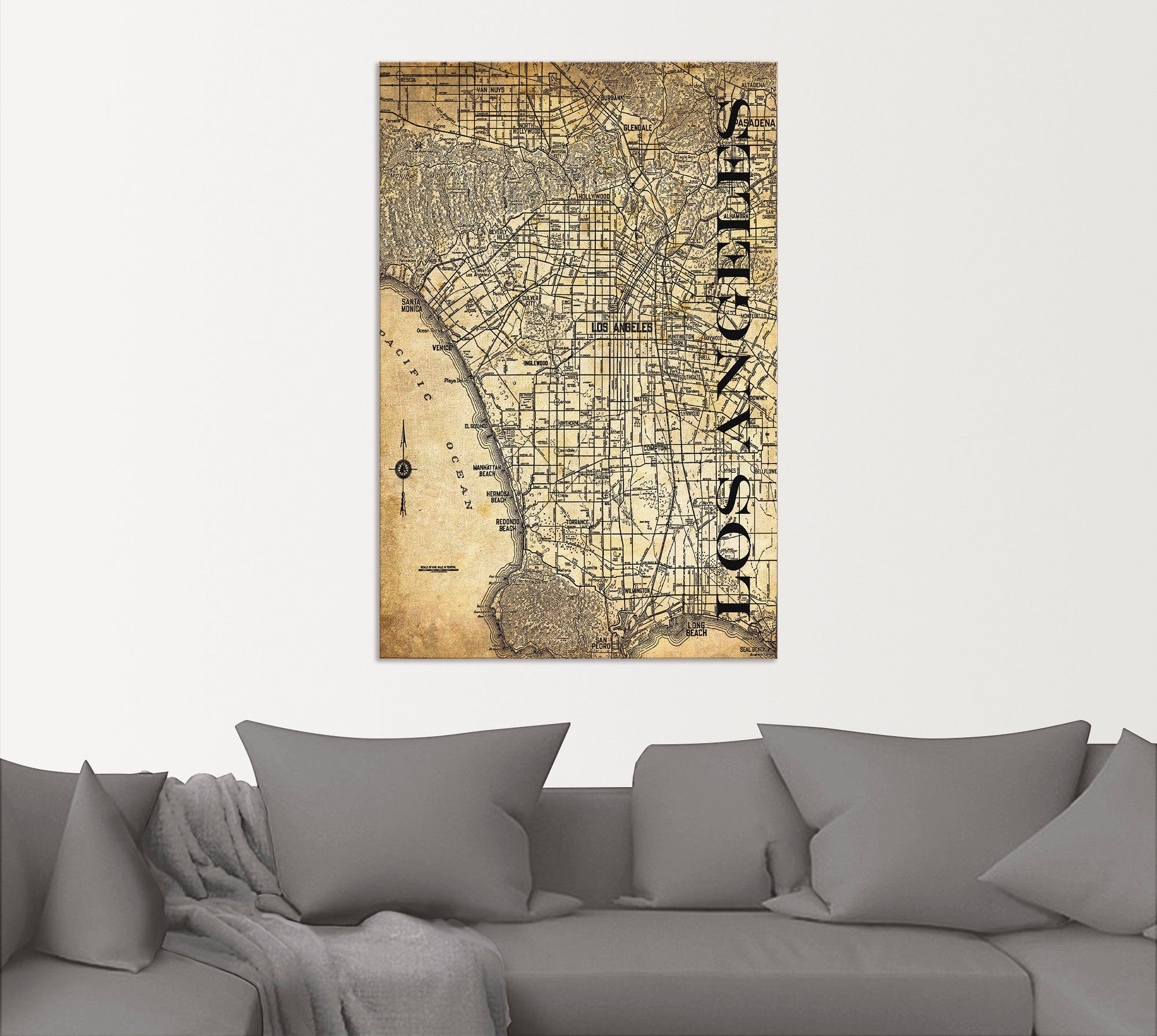 Artland Wandbild Los Sepia, Karte oder Alubild, St), Karte Größen Amerika Wandaufkleber Leinwandbild, Straßen Poster in Angeles als versch. (1