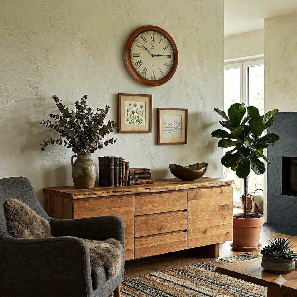 Holzwerk Funkwanduhr Designer Loft Funk Holz Wand Uhr, römische Ziffern (Nahezu lautloses Uhrwerk, analog, 35 cm)
