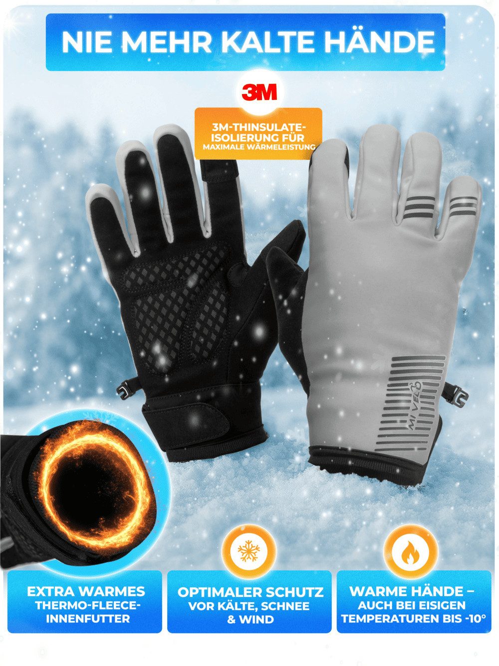 MIVELO Fahrradhandschuhe extra warme Thermo-Fleece Winterhandschuhe wasserfest und winddicht 3M-Thinsulate Isolierung – Bild 2 von 5