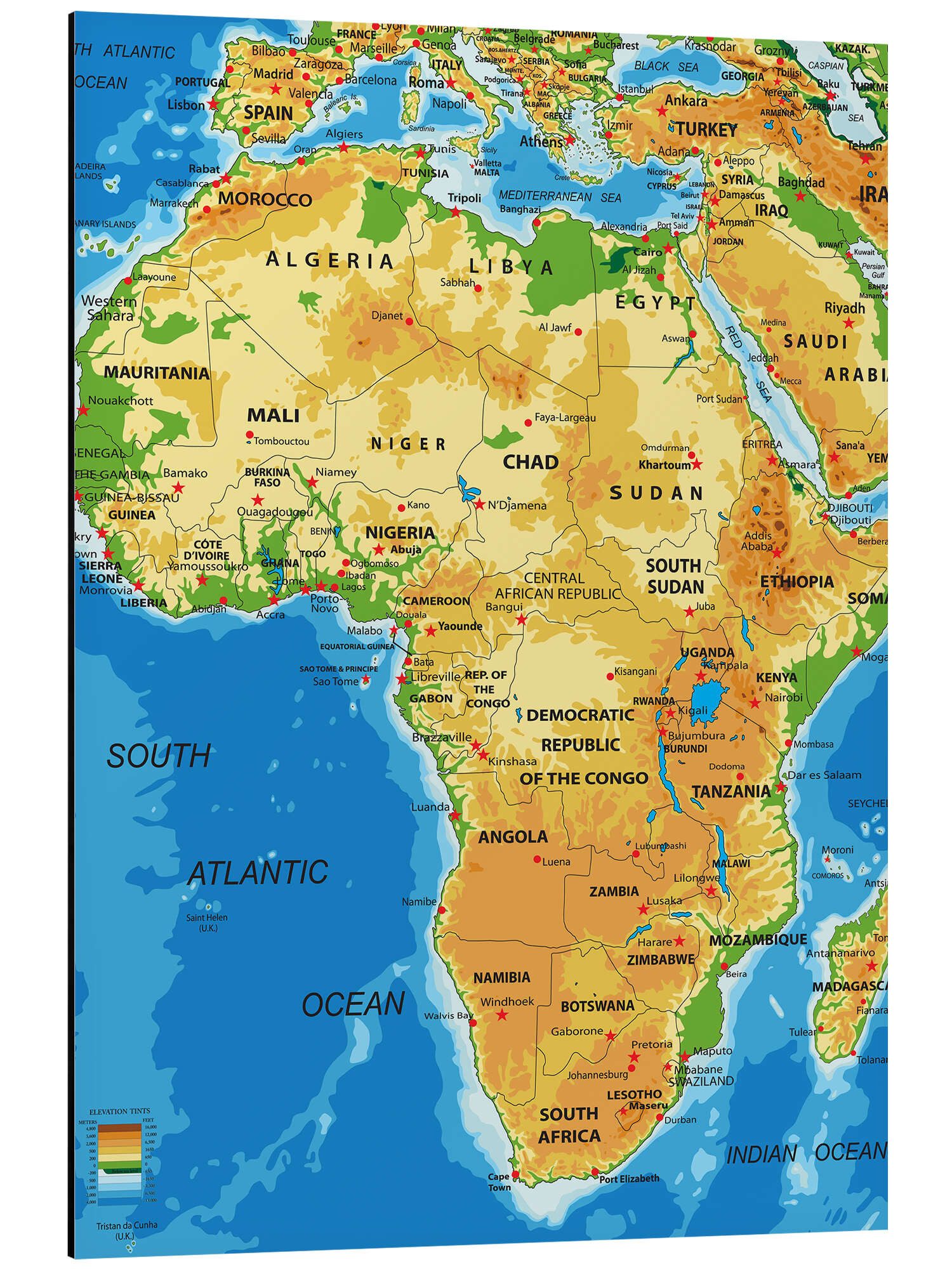 Posterlounge Wandbild Afrika - Topografische Karte (Englisch) I, Editors Choice, erhältlich als Poster, Leinwandbild, Wandsticker oder Acrylglasbild