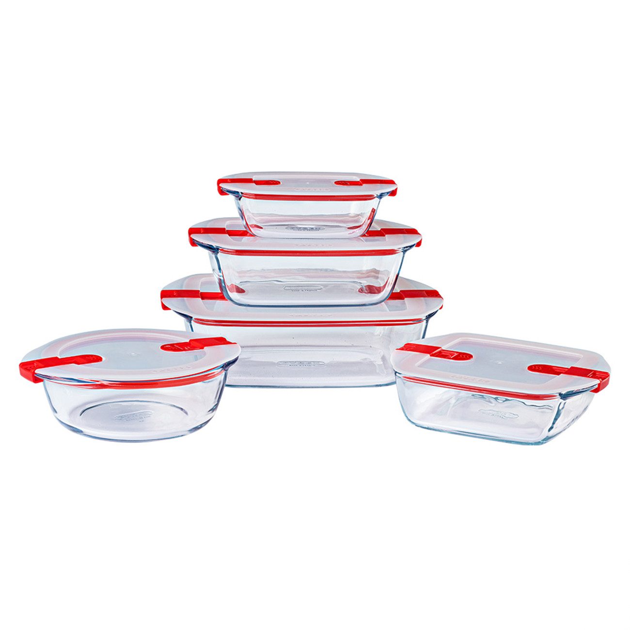 PYREX Frischhaltedose Cook & Heat, Borosilikatglas, (Frischhaltedosen-Set, 5-tlg., rund, quadratisch & rechteckig, 0,3–2,5 l), mit Ventil, luftdicht, auslaufsicher, mikrowellengeeignet, BPA-frei