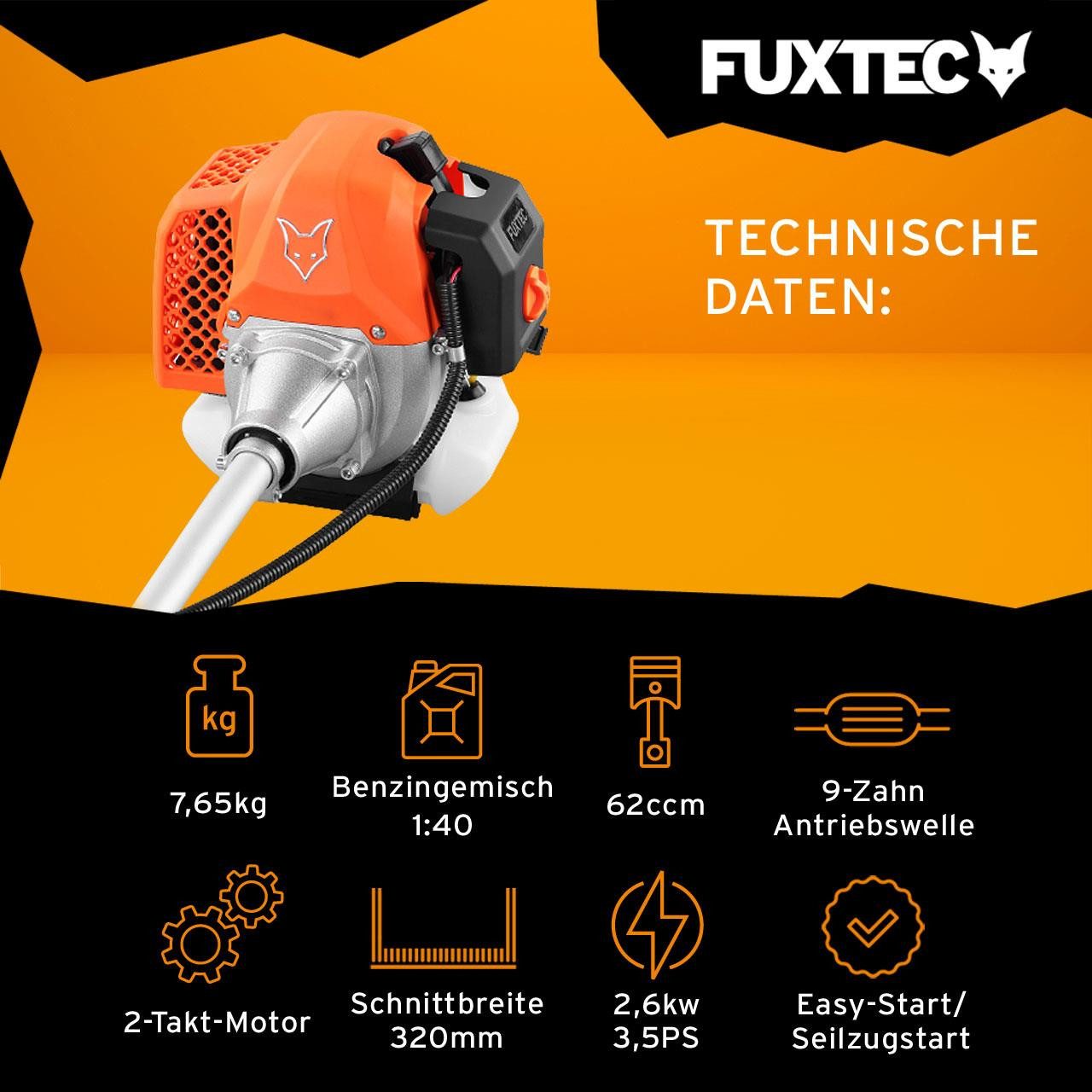 FUXTEC Benzin-Motorsense FX-MS162, 44 cm Arbeitsbreite Messer, 3.5PS 62ccm 32cm Schnittbreite Zweihandgriff Profi-Komfort-Tragegurt