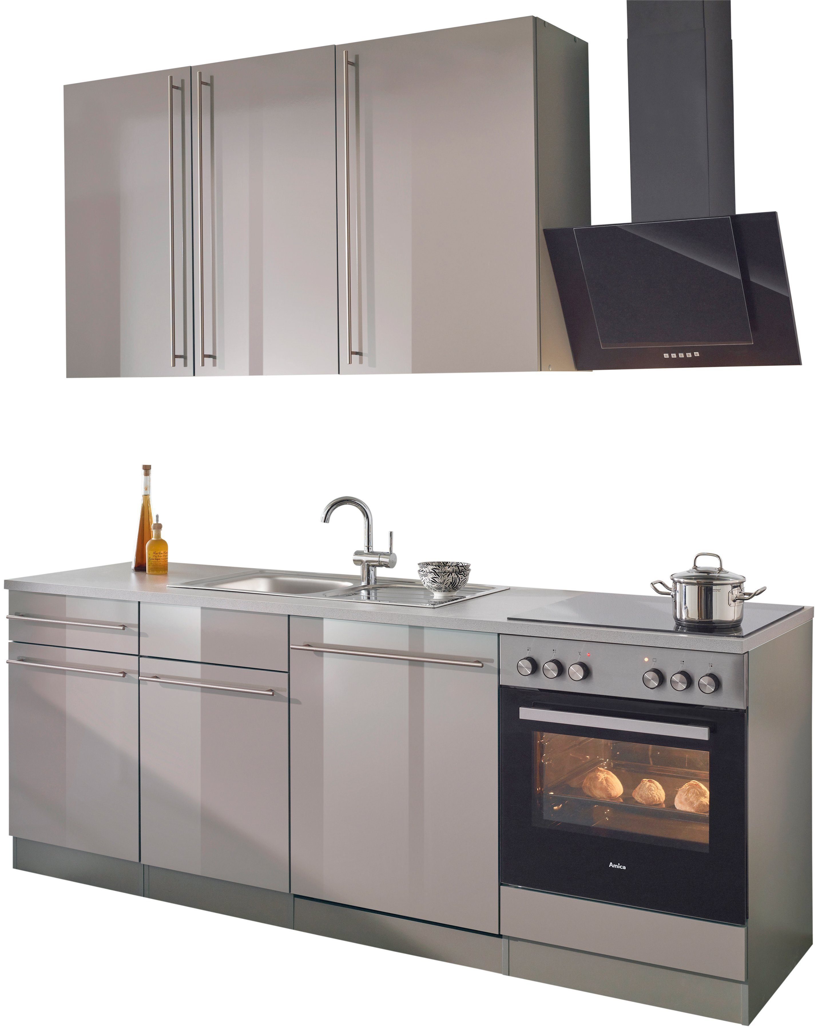 neueste wiho Küchen Küchenzeile Breite Trüffel Glanz | 220 Chicago, cm mit E-Geräten, trüffel