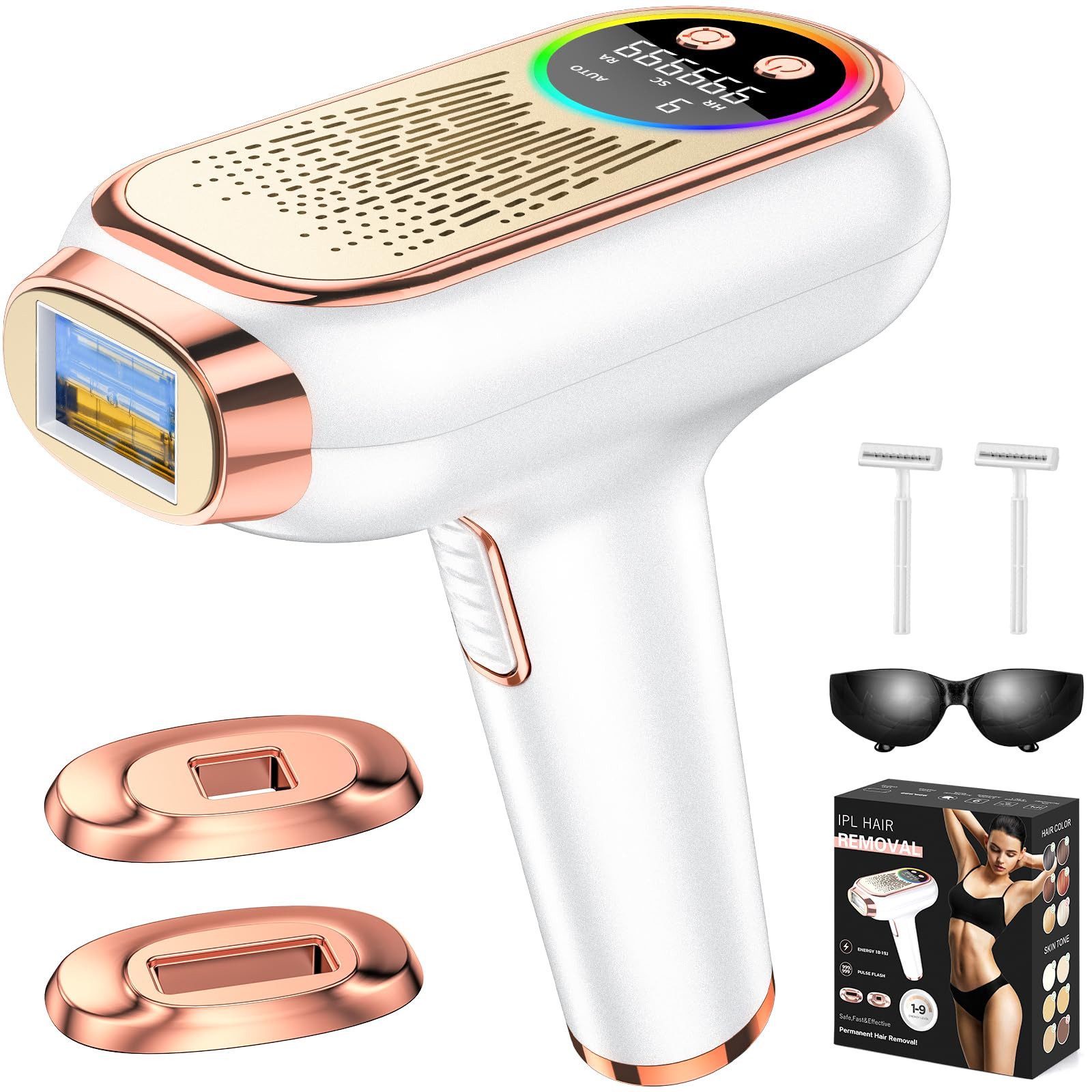 Kityhome IPL-Haarentferner IPL Haarentferner 6,8 cm², 3 Funktionen, 9 Stufen, Rose Gold, 999,999 Lichtimpulse, austauschbare Magnetköpfe*2, Rasierer*2, Großflächige Haarentfernung,Eispunkt-schmerzfreie Haarentfernung