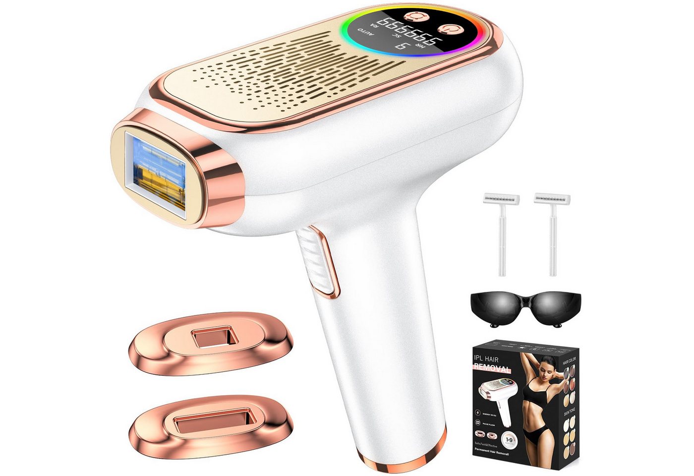 Kityhome IPL-Haarentferner IPL Haarentferner 6,8 cm², 3 Funktionen, 9 Stufen, Rose Gold, 999,999 Lichtimpulse, austauschbare Magnetköpfe*2, Rasierer*2, Großflächige Haarentfernung,Eispunkt-schmerzfreie Haarentfernung