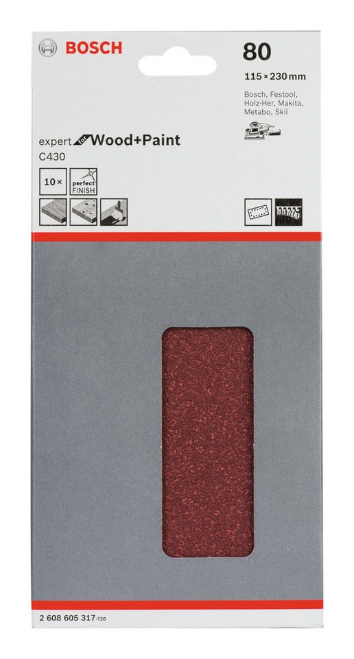 Thumbnail - BOSCH Schleifpapier, (10 Stück), C430 Schleifblatt 14 Löcher K80 - 115 x 230 mm - 10er-Pack