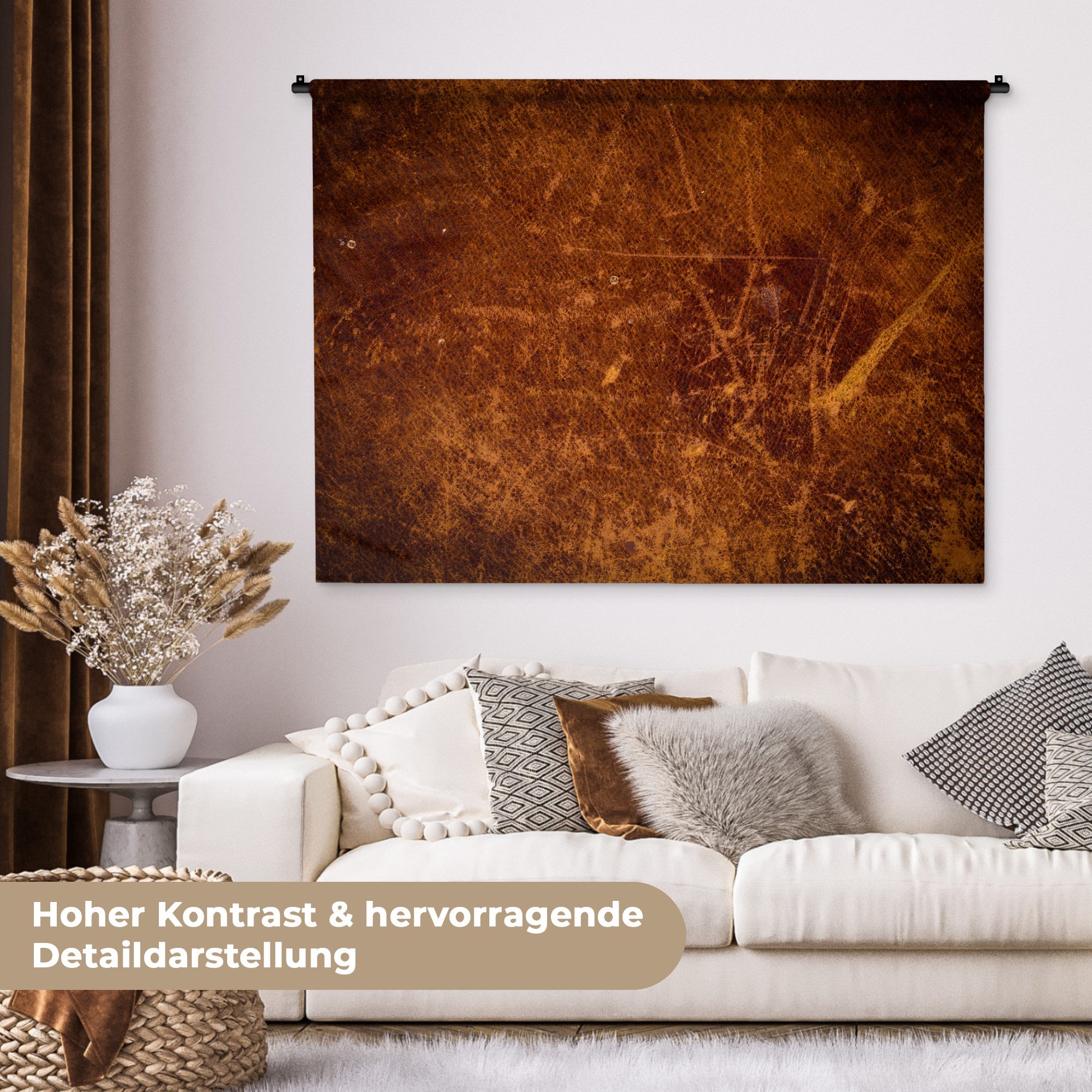 MuchoWow Wandteppich Leder - Lederoptik - Braun - Orange, Rechteckig, Höhe: 3 mm, Wanddeko Teppich Wohnzimmer, Schlafzimmer, 120x90 cm