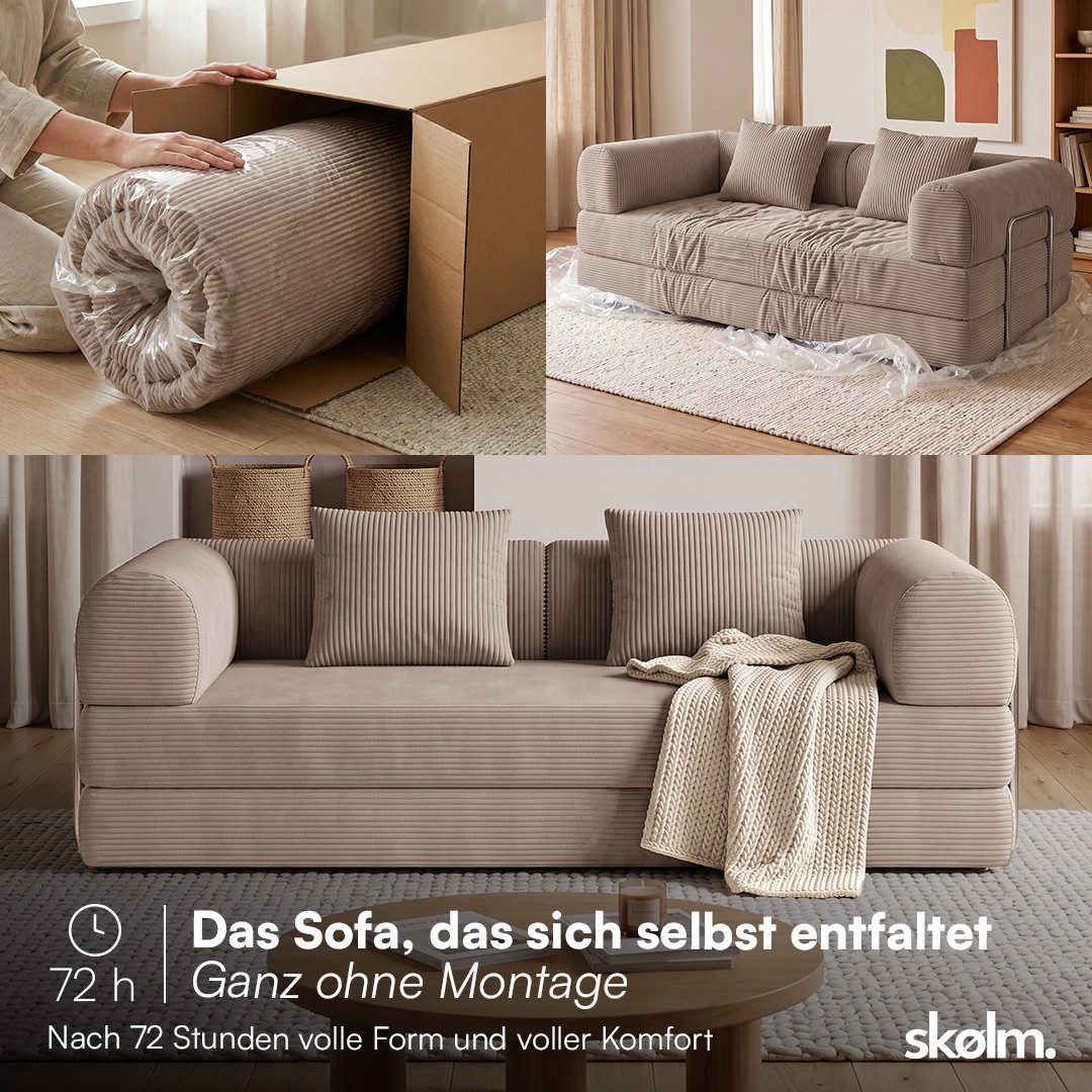 skølm Sofa & Sessel Lofn aus Vollschaum Cord, umwandelbar zum Schlafsofa/-Sessel, Beige, Cordsofa 200 cm breit, 2 Sitzer, kein Aufbau erforderlich, vakuumiert – Bild 3 von 5