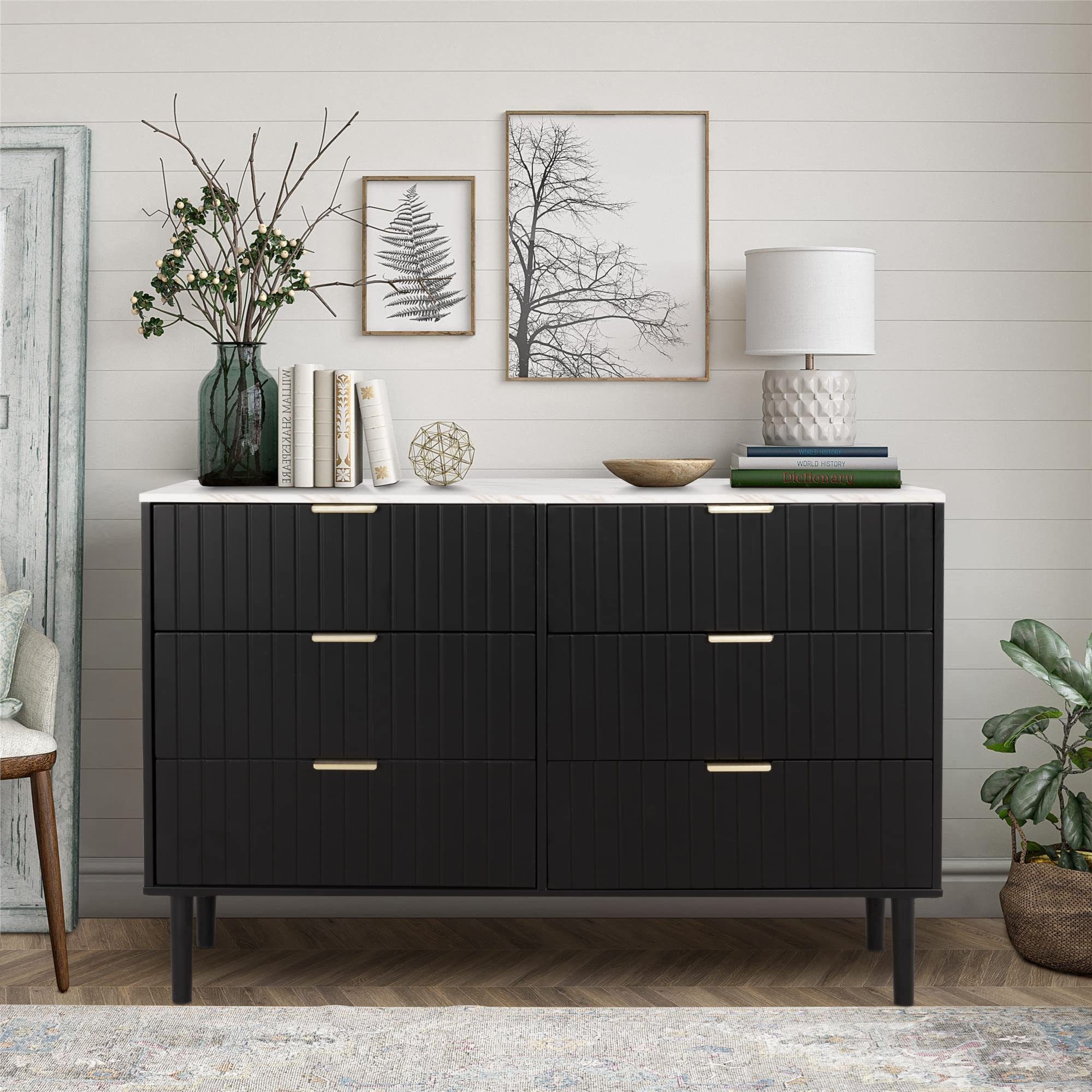 UEV Kommode mit 6 Schubladen Sideboard TV Board für Wohnzimmer,Schlafzimmer (Schrank mit Füße/Metallgriffe, Aufbewahrungsschrank viel Stauraum Highboard Schmal  – Bild 5 von 5