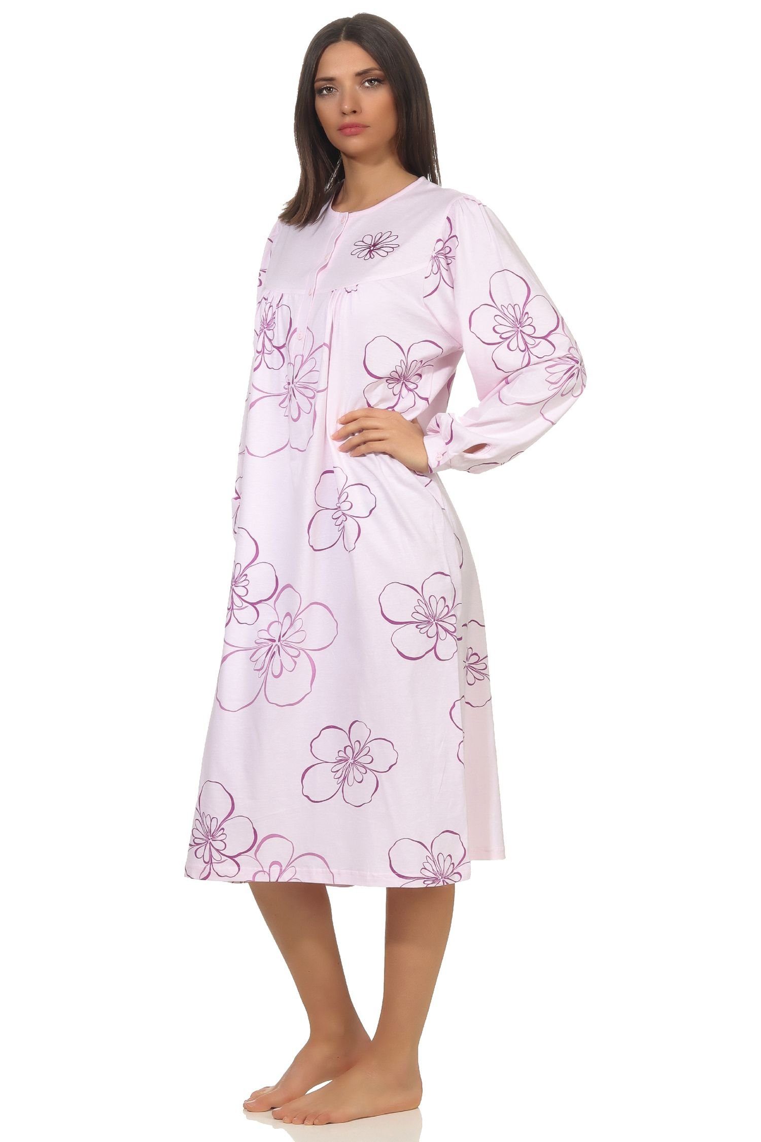 Normann Nachthemd Frauliches Damen Nachthemd,cm Knopfleiste 314 202 am Länge, Hals rosa 