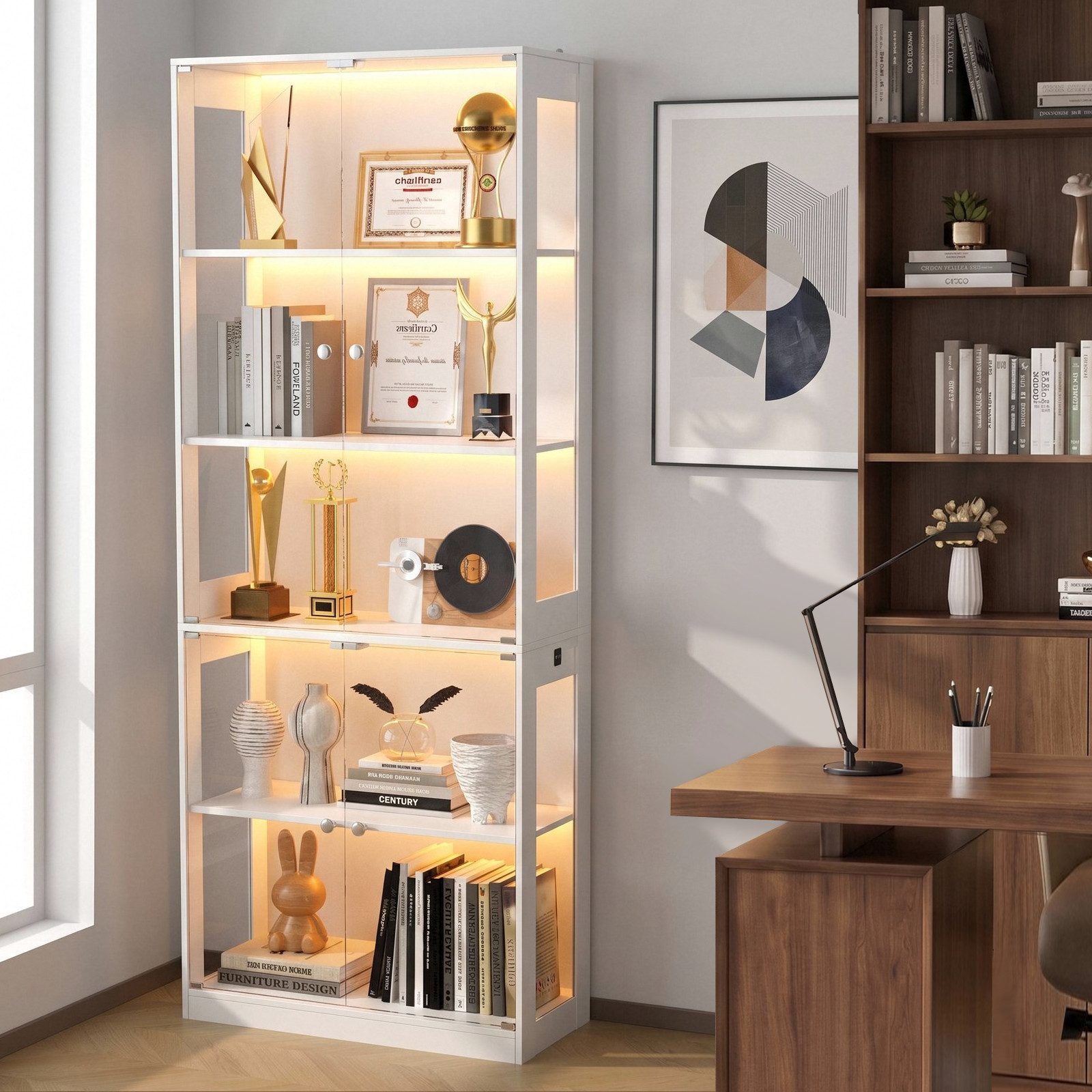 VOWNER Vitrine mit LED-Beleuchtung, Bewegungssensor und Glastüren, 80x35x204cm (1-St) 5-Ebenen Sammlerschrank aus Spanplatte und Glas
