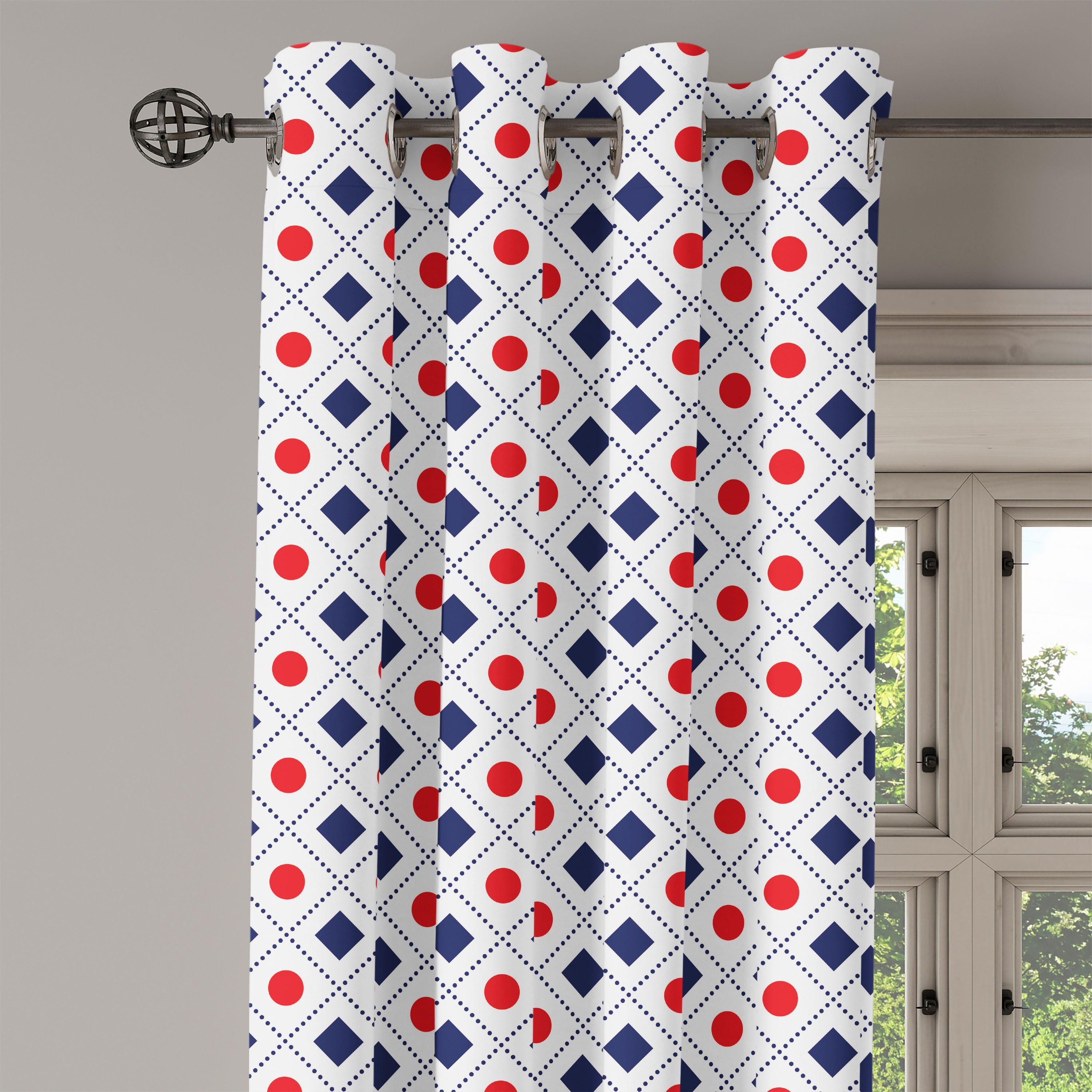 Navy Gardine Schlafzimmer Abakuhaus, Squares Kreise Wohnzimmer, 2-Panel-Fenstervorhänge Dekorative für und Rot