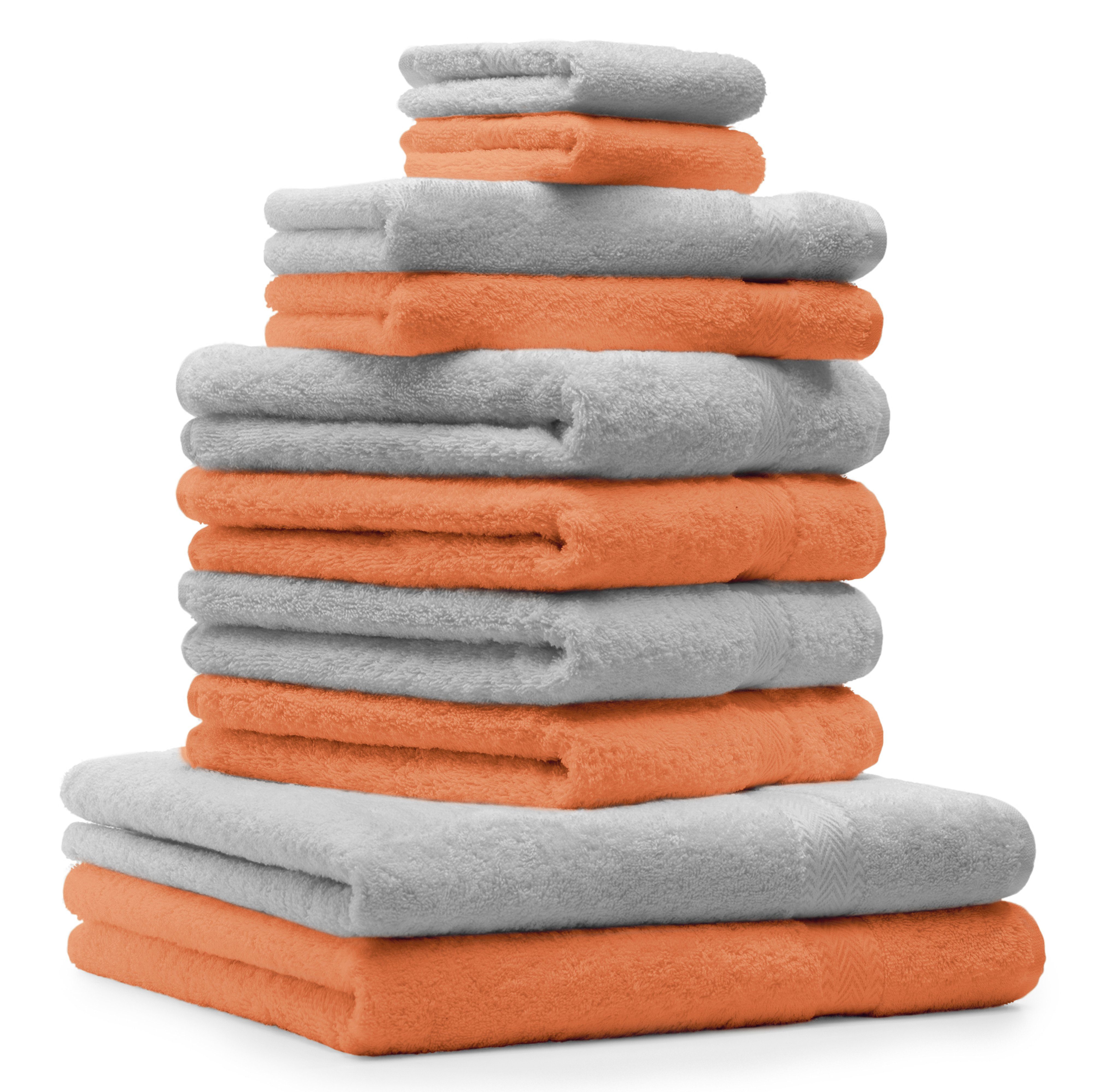Baumwolle, Premium Farbe (10-tlg) & Betz 10-TLG. 100% Handtuch-Set Handtuch Silbergrau, Orange Set
