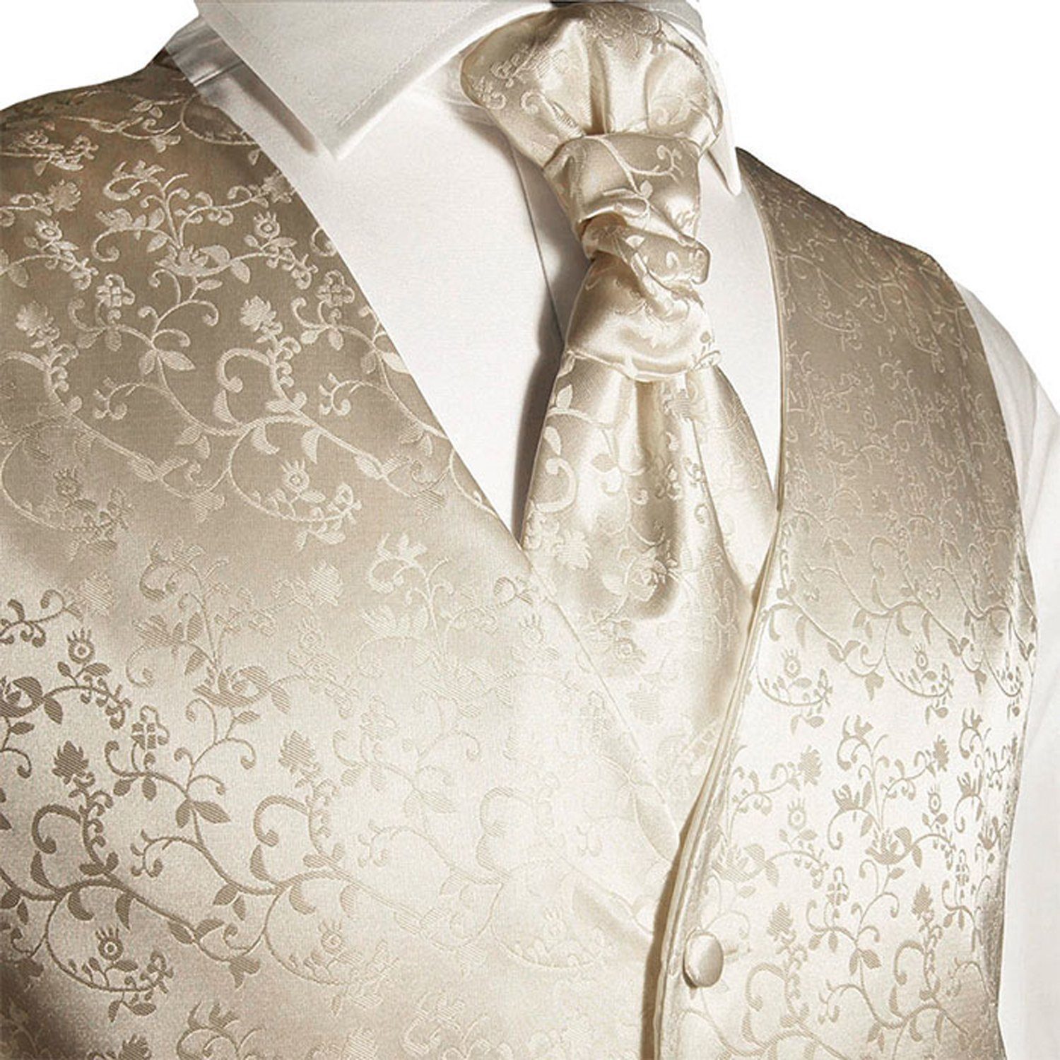 Paul Malone Anzugweste Herren Hochzeitsweste mit Plastron Set 2tlg floral - Bräutigam (Set, 2-tlg., mit Weste und Plastron) champagner V18, Gr. 44/46 (XXS)